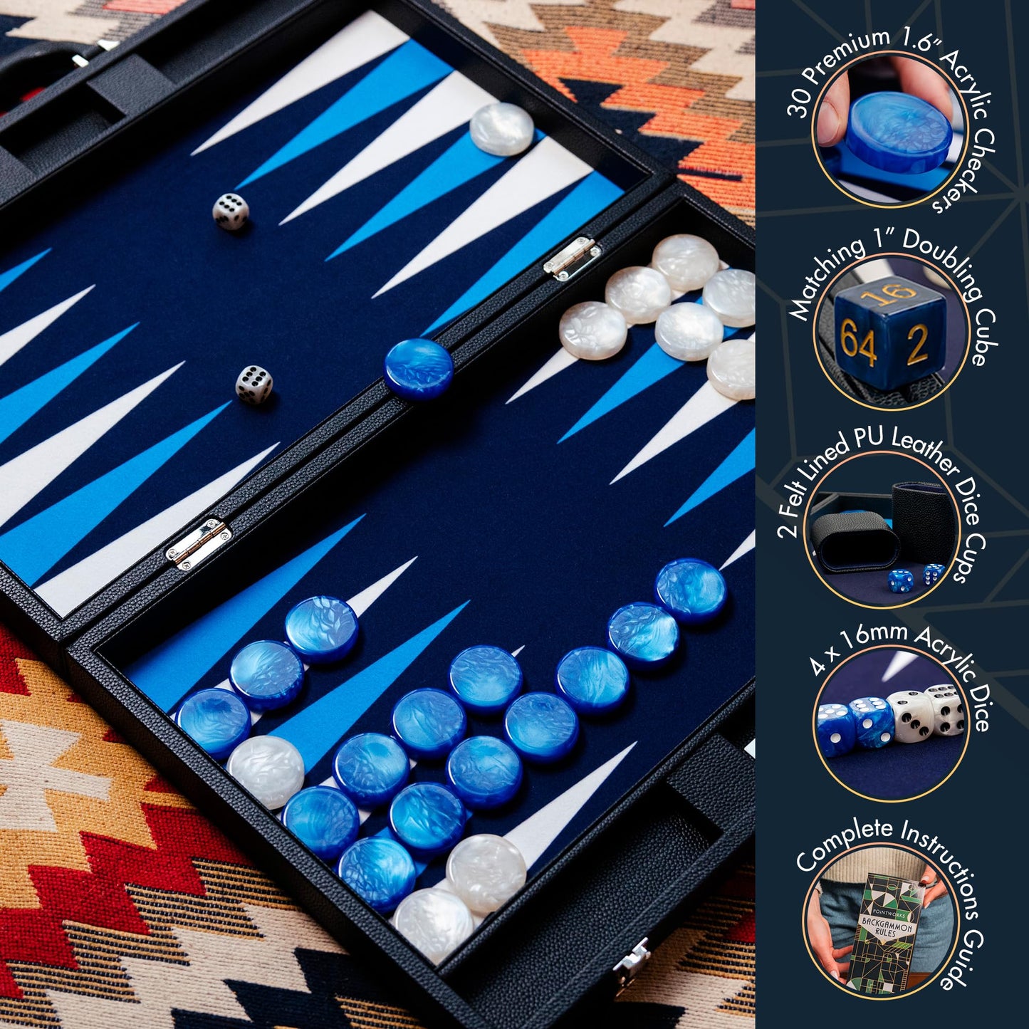 Pointworks 19 Inch Premium Backgammon Sets For Adults Leather Black - Blue. Premium 1.6 Inch Checkers & Dice Set, Travel Backgam