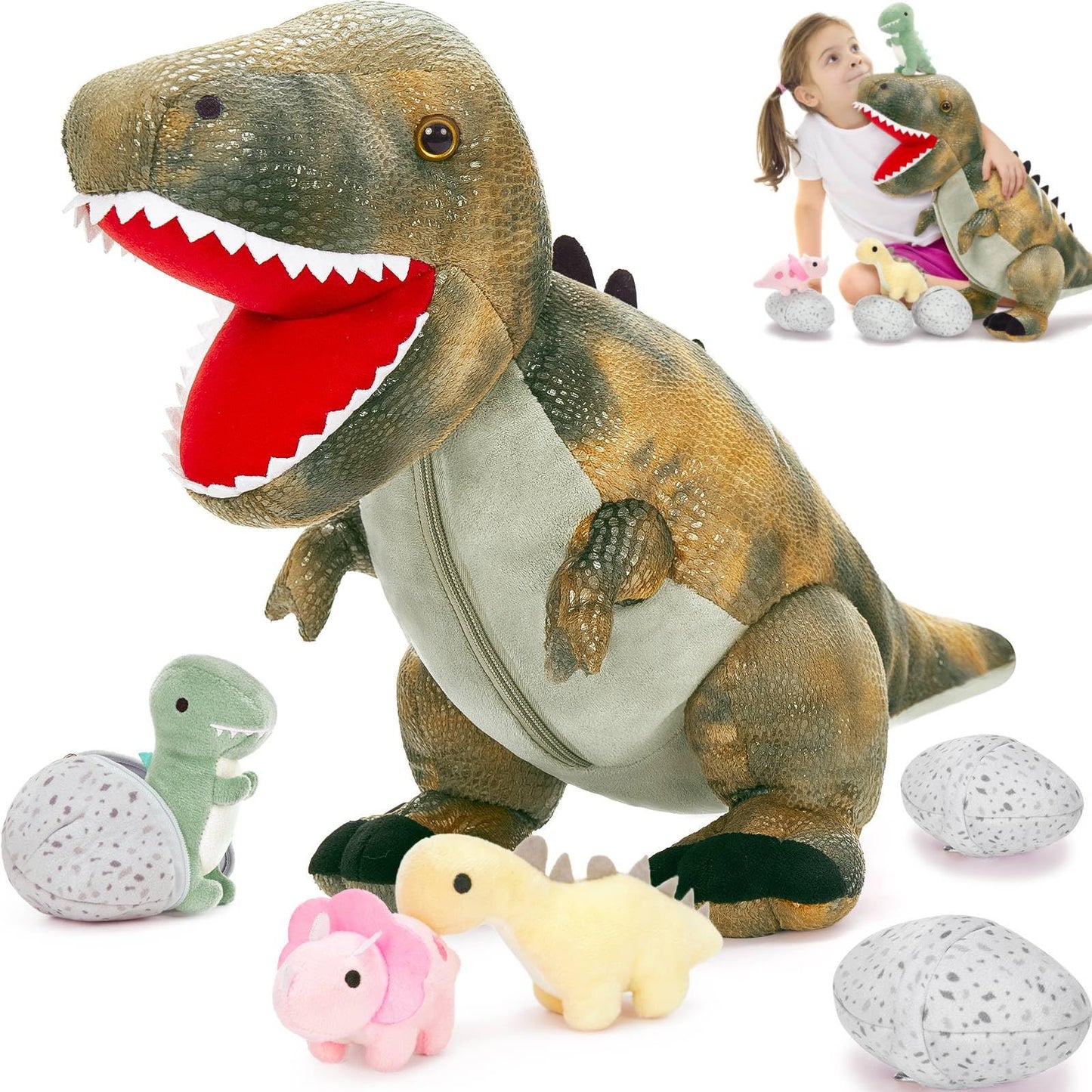 Morismos Dinosaur Stuffed Animal With Babies,23.6'' Big Mommy Stuffed Dinosaur With 3 Baby Dinosaur Stuffed Toys, 3 Dino Egg Toy