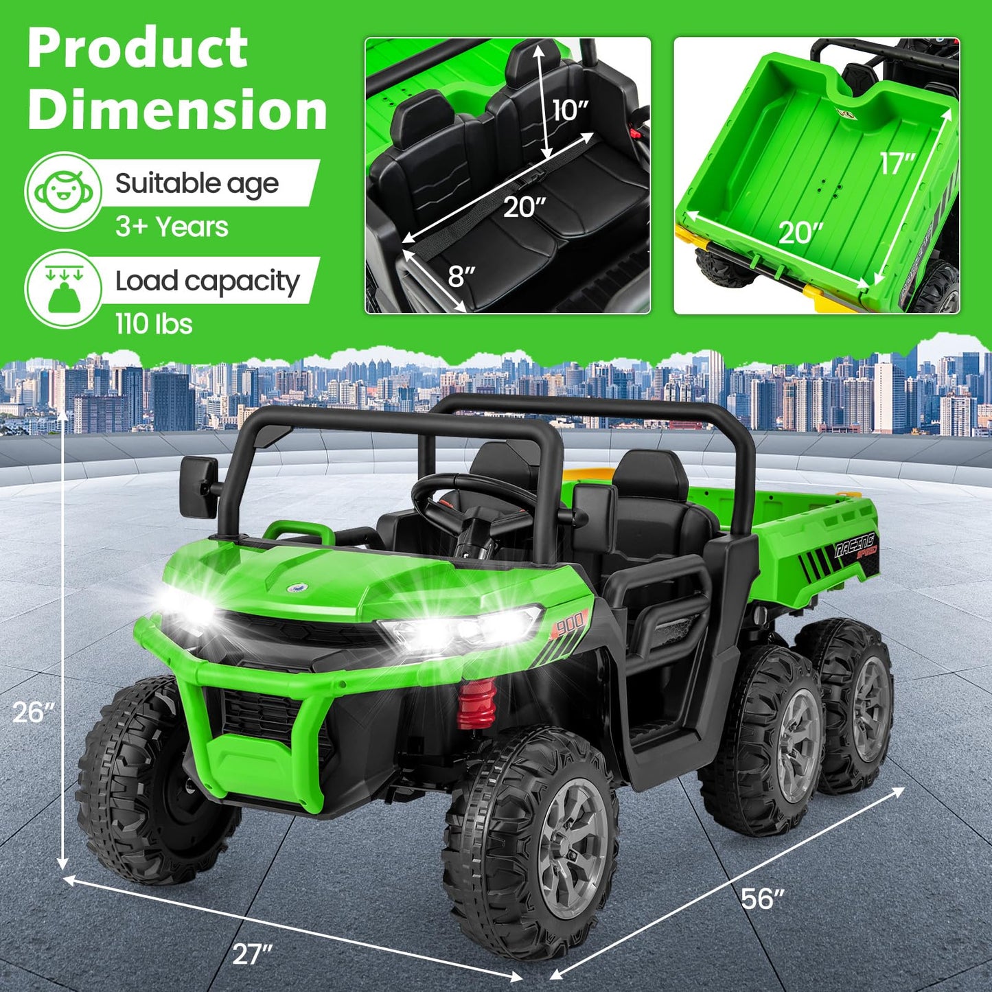 Olakids 24V 2 Seater Ride On Dump Truck, 4Wd 6X6 Battery Powered Kids Utv With Remote Control, 4 X 90W Engine, Electric Dump Bed, Spring Suspension, Ride On Toys For Big Kids (Green)