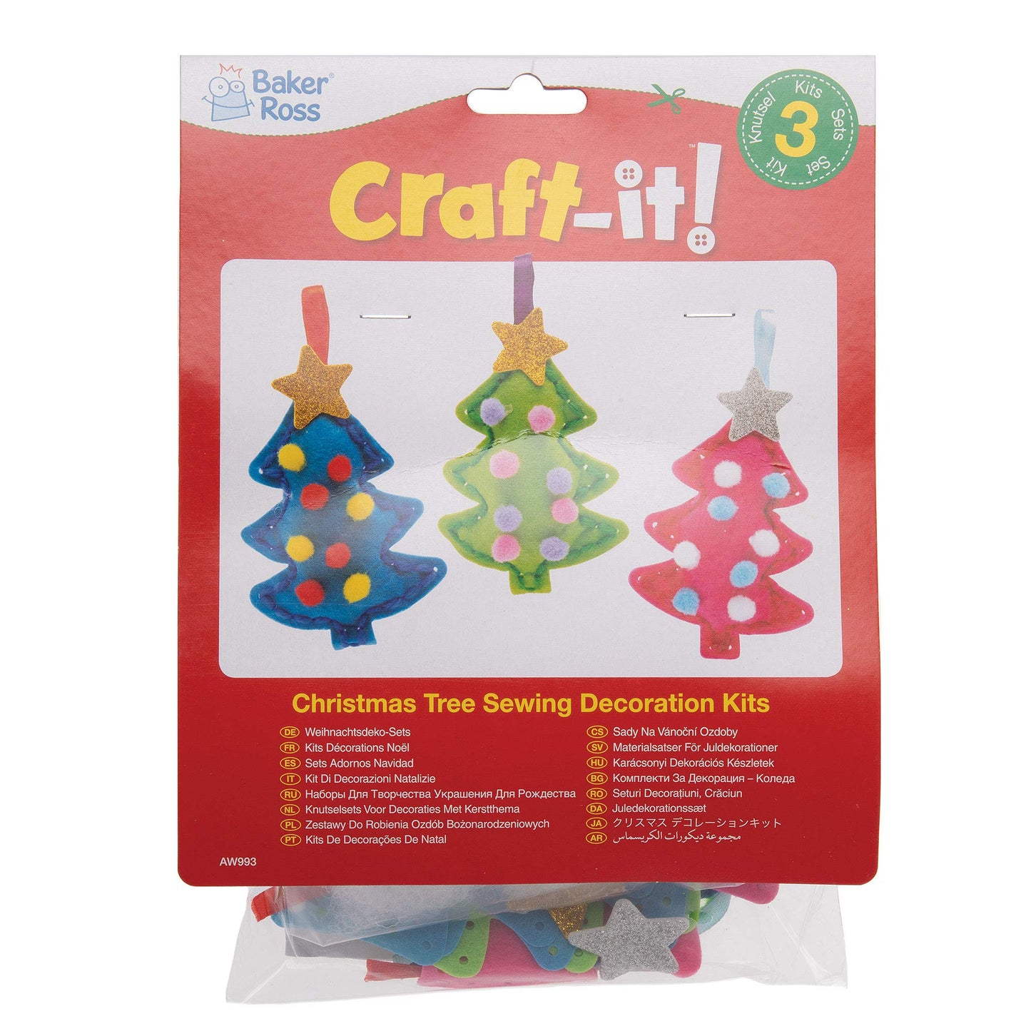 Baker Ross AW993 Christmas Tree Ornament Sewing Kits - Pack Of 3, Festive Arts And Crafts, Christmas Craft Kits for Kids