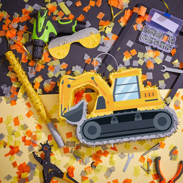 Lewtemi Digger Piñata - Construction Excavator for Birthday Party, Blue, Includes Stick, Blindfold, and Confetti