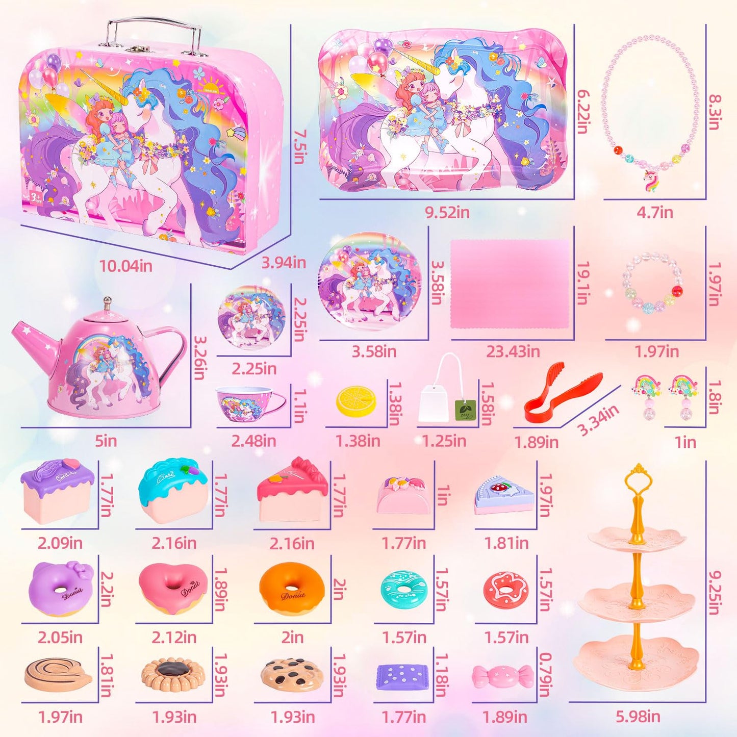 Unicorn Tea Party Set for Little Girls, Toddler Princess Toy Tea Set, Pretend Play Teapot Dessert Tea Cup Set Food Kitchen Plays