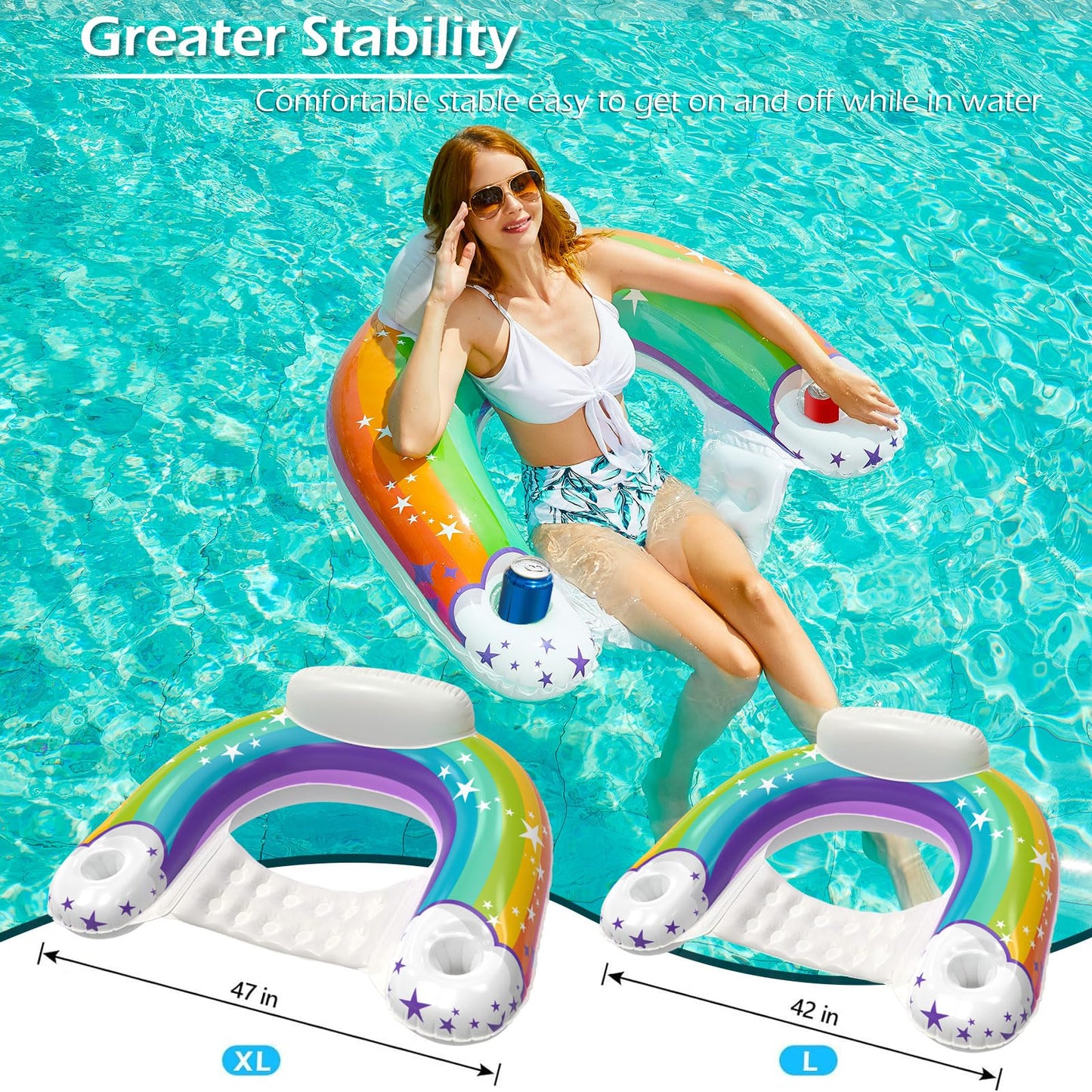 Jasonwell Inflatable Pool Float Chair - Pool Floaties Floating Pool Chair Lounge Floats For Swimming Pool Water Chair Pool Lounger With Cup Holder Pool Toy Party Floaty Adults (Rainbow-L)