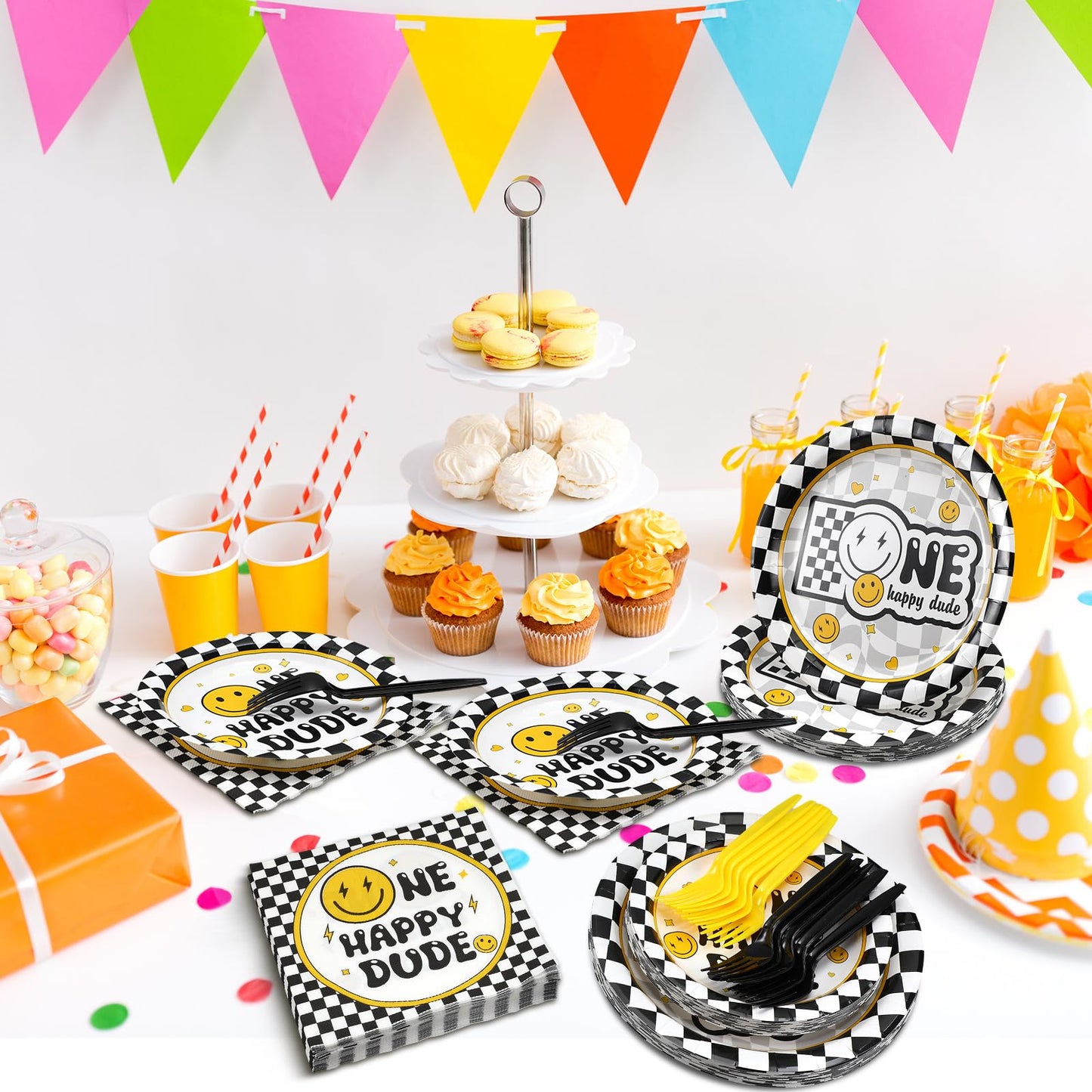 Umigy 96 Pcs One Happy Dude Birthday Party Decorations One Happy Dude Party Tableware Smile Face Party Supplies for 24 Guests Sm