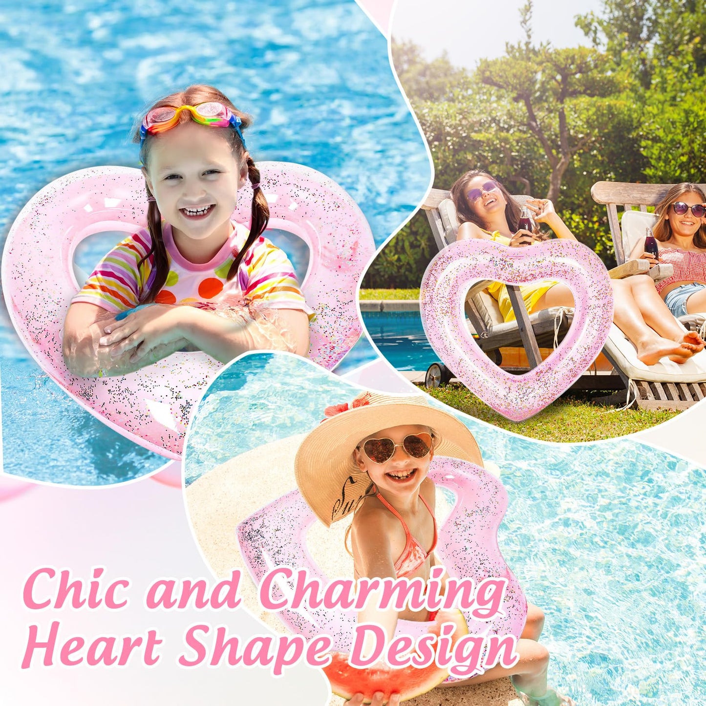 Whaline 3Pcs Inflatable Heart Pool Float With Glitter Inside Pink Swim Pool Rings Float Loungers Tube For Summer Pool Beach Bach