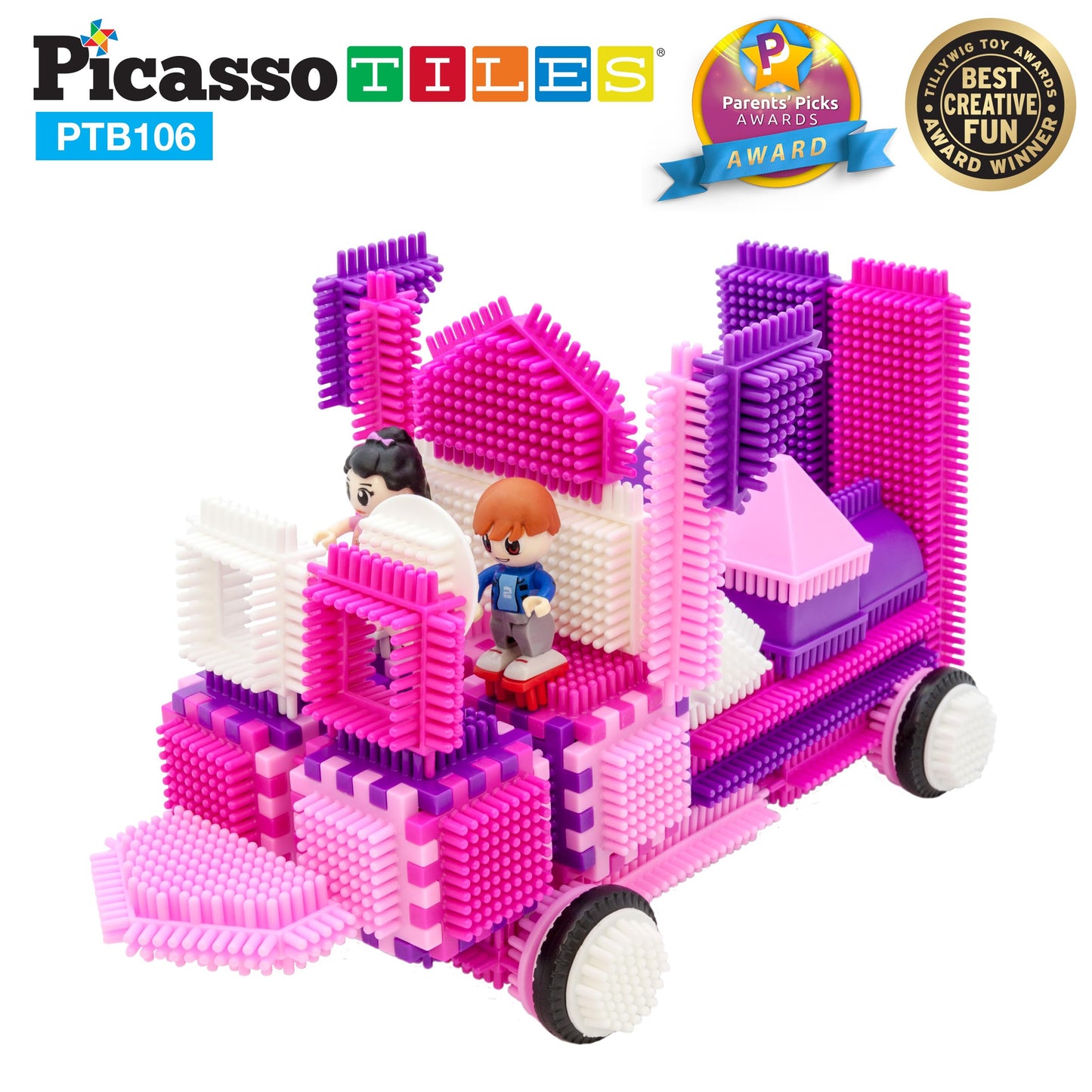 Picasso Toys Ptb106 106Pcs Hedgehog Block Building Blocks Tiles Pink Castle Theme Set W/Human Figures Learning Playset Stem Toy