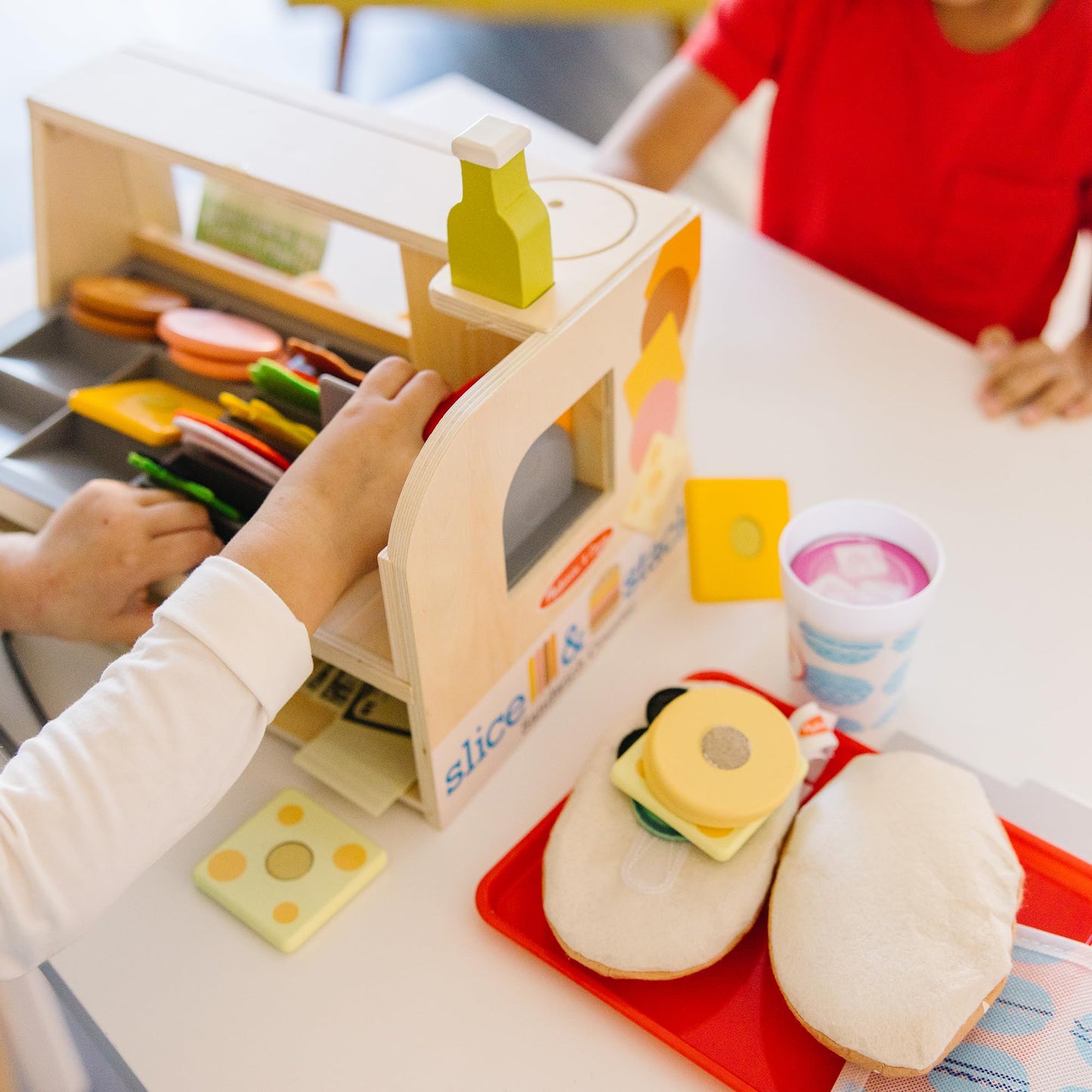 Melissa & Doug Wooden Slice & Stack Sandwich Counter - 56-Piece Pretend Food Set, Multi Color, Model 31650