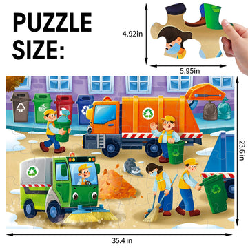 Jumbo Floor Puzzle For Kids,Recycling Garbage Truck Jigsaw Large Puzzles,48 Piece Trash Truck Vehicle Puzzle For Toddler Ages 3-5,Children Learning Preschool Educational Toys,Gift For 4-8 Years Old