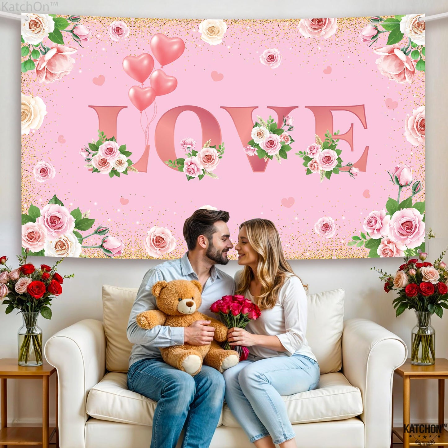 KatchOn, Pink Love Valentines Day Backdrop - XtraLarge, 72x44 Inch | Valentines Backdrops for Photography | Valentines Day Banne