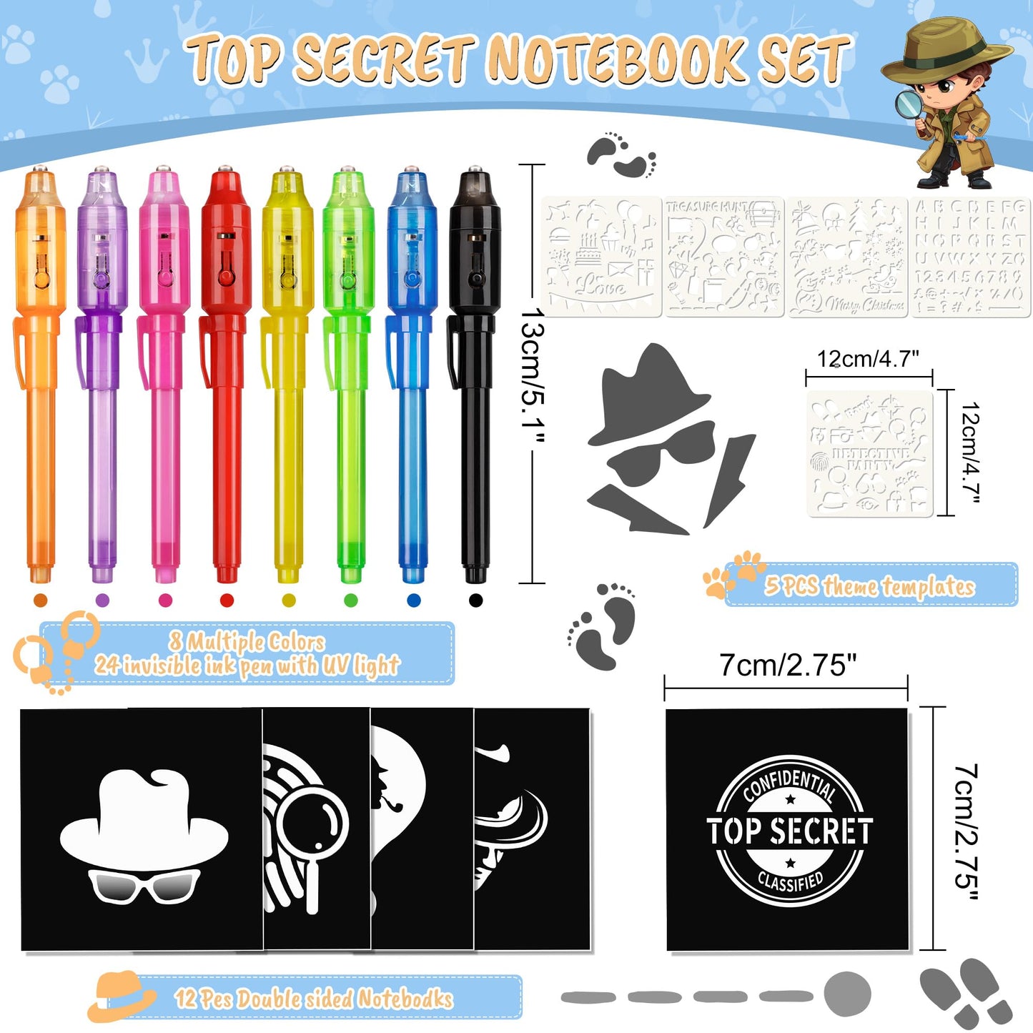Inkipen Invisible Ink Pen 24Pcs+ Notebooks, Spy Pens With Uv Light, Magic Marker, Classroom Prize, Birthday Party Favors For Kid