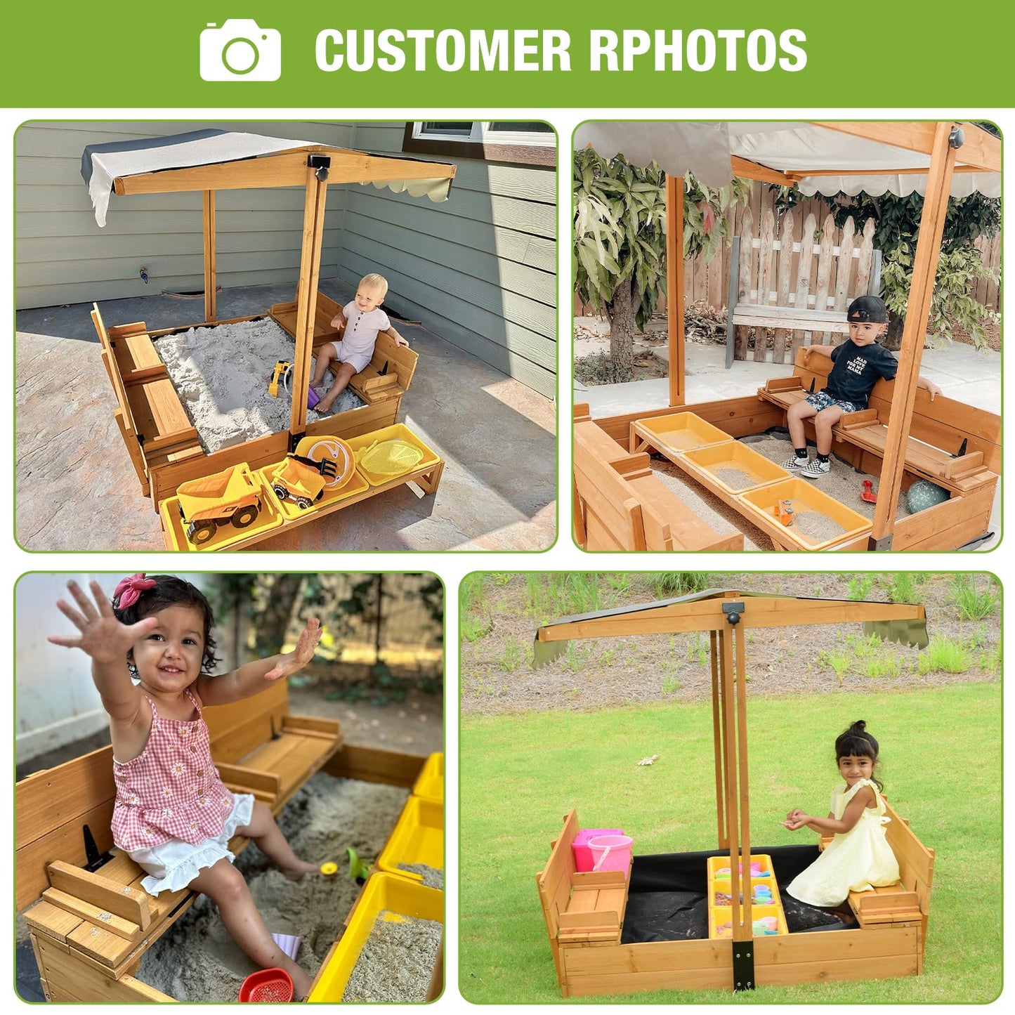 GUTINNEEN Wooden Kids Sandbox with Cover Sandbox with Lid Outdoor Sand Boxes with 3 Toy Bins
