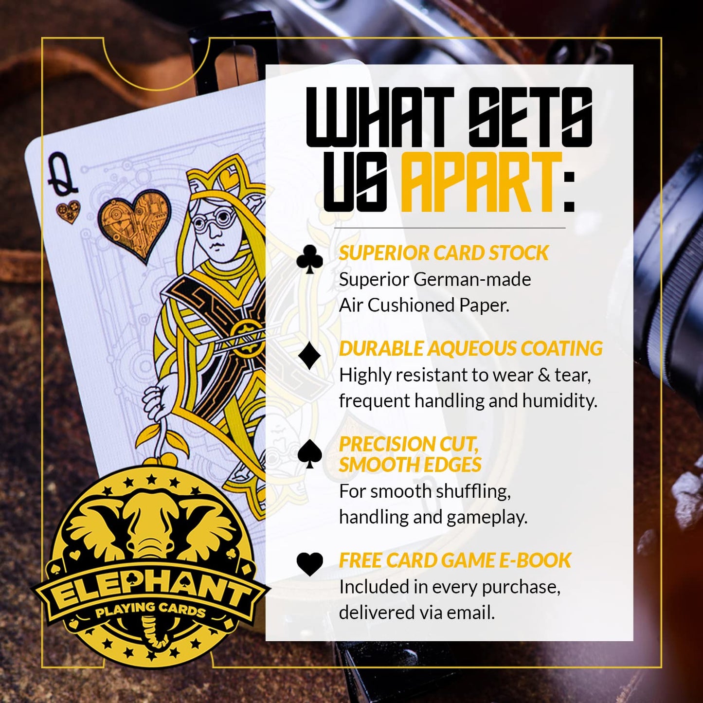 Cyberpunk Gold Playing Cards by Elephant - Unique Cardistry Deck for Kids & Adults, Includes Card Game e-Book, Perfect for Poker