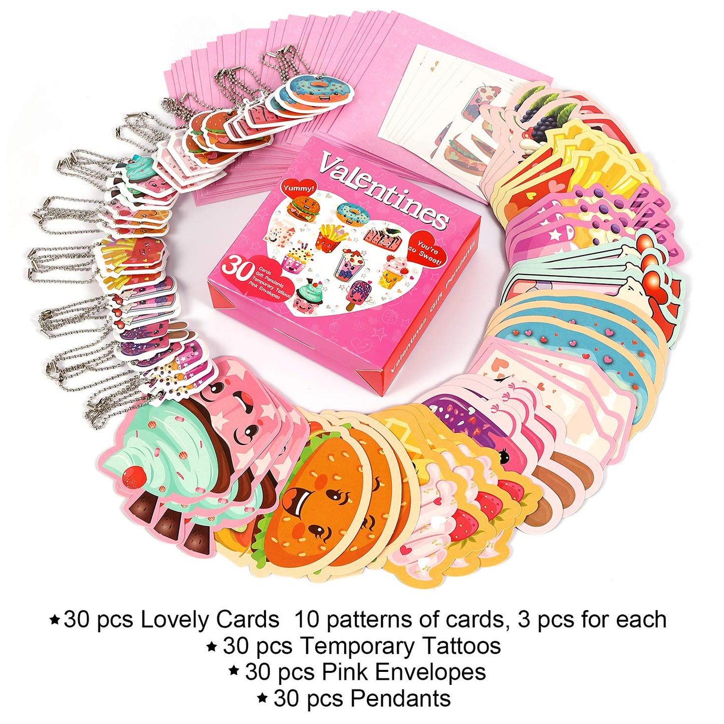 SUKKI Valentines Day Cards for Kids 30 Sets with Envelopes Pendant Gifts and Temporary Tattoos - Perfect Greeting Exchange Cards