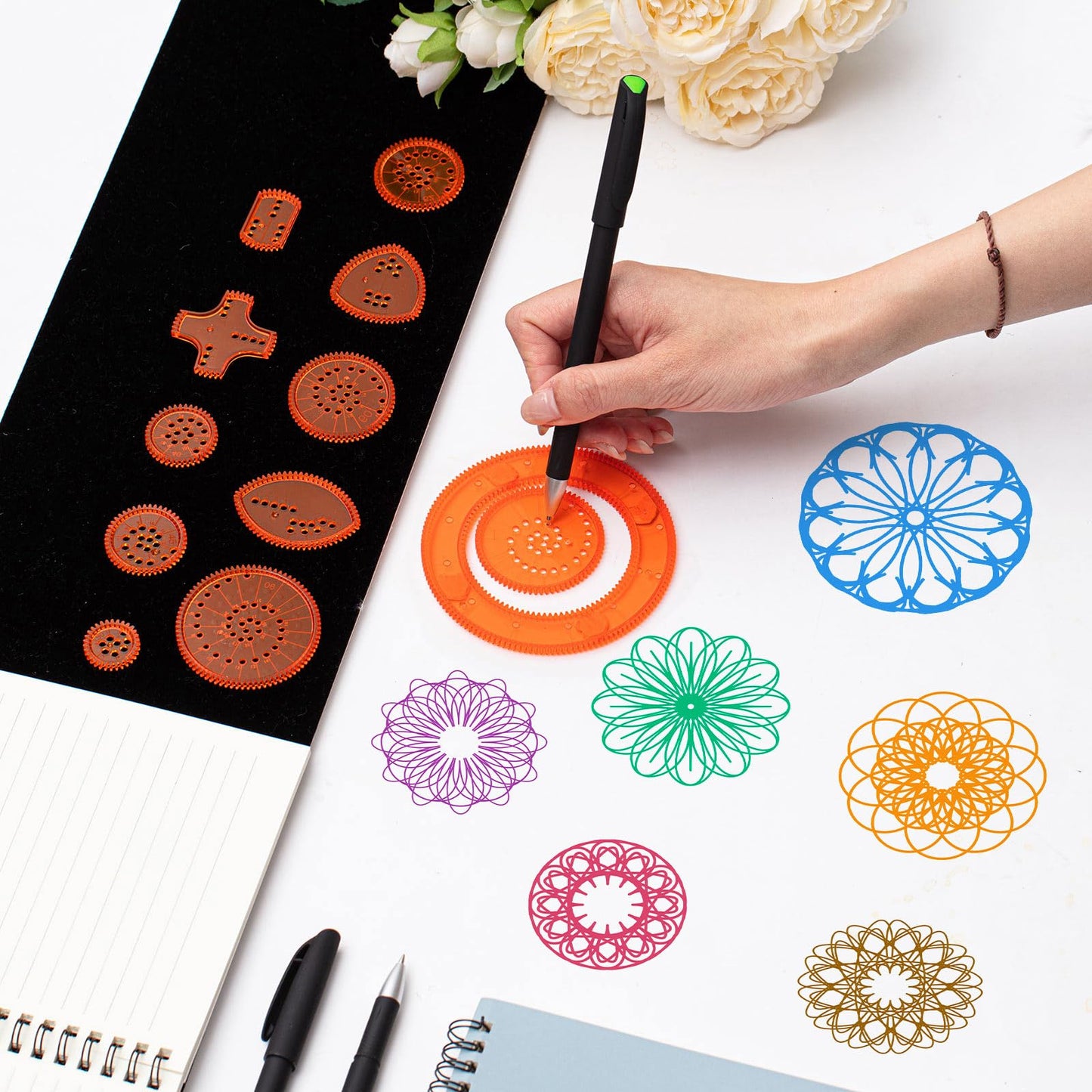 Chivao Spiral Art Gear Geometric Ruler Spiral Circle Template For Drawing Plastic Template Ruler Drawing Kit Spiral Curve Stencils With Pens Paper For Drawing Diy Art Crafts Sketch(Elegant)