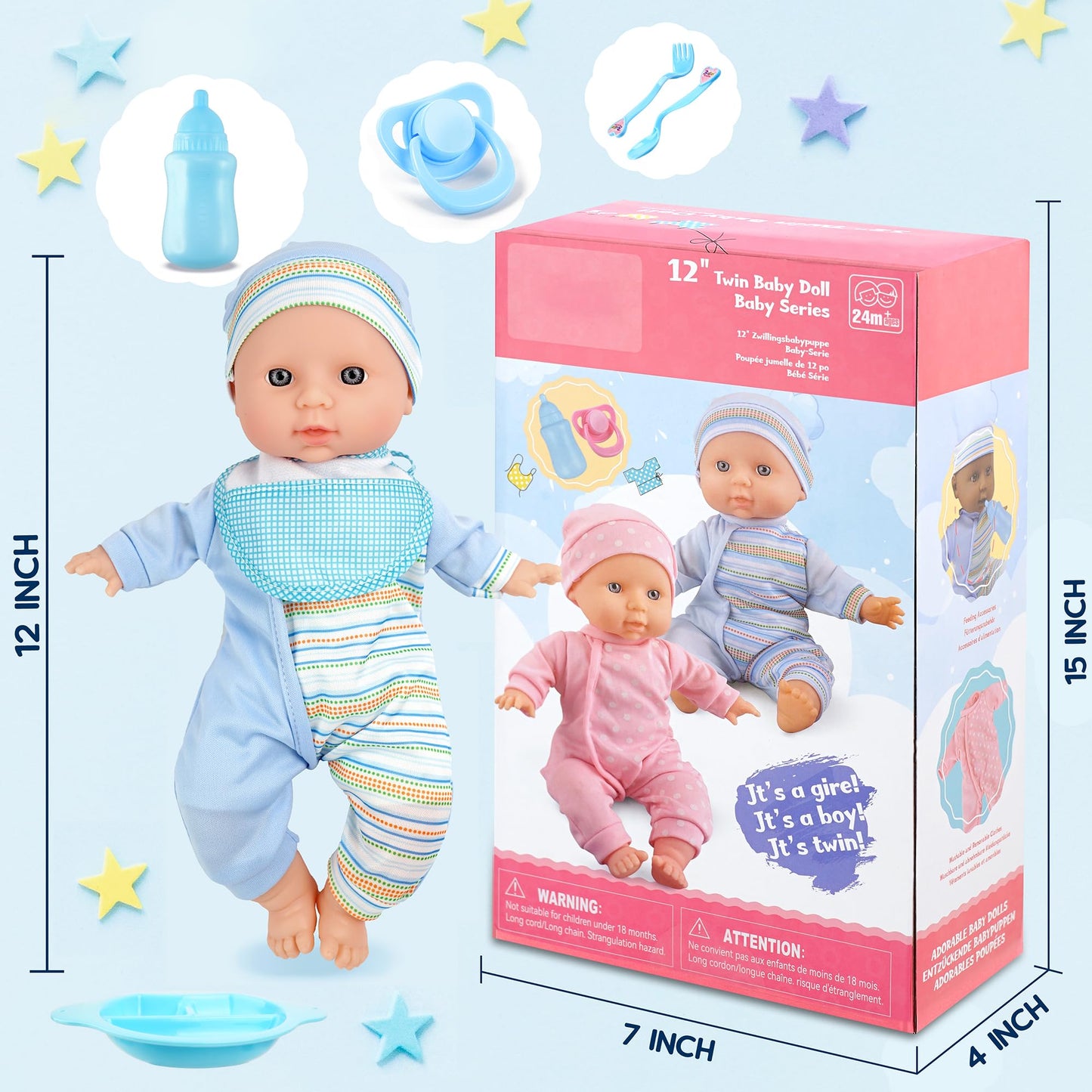 Toy Choi'S Twin Baby Dolls - 12 Inch Two Soft Body Black And White Doll With Accessoires, Dolls Play Set For 2 3 4 5 Year Old Boys And Girls Gift | Blue Outfit Doll Set