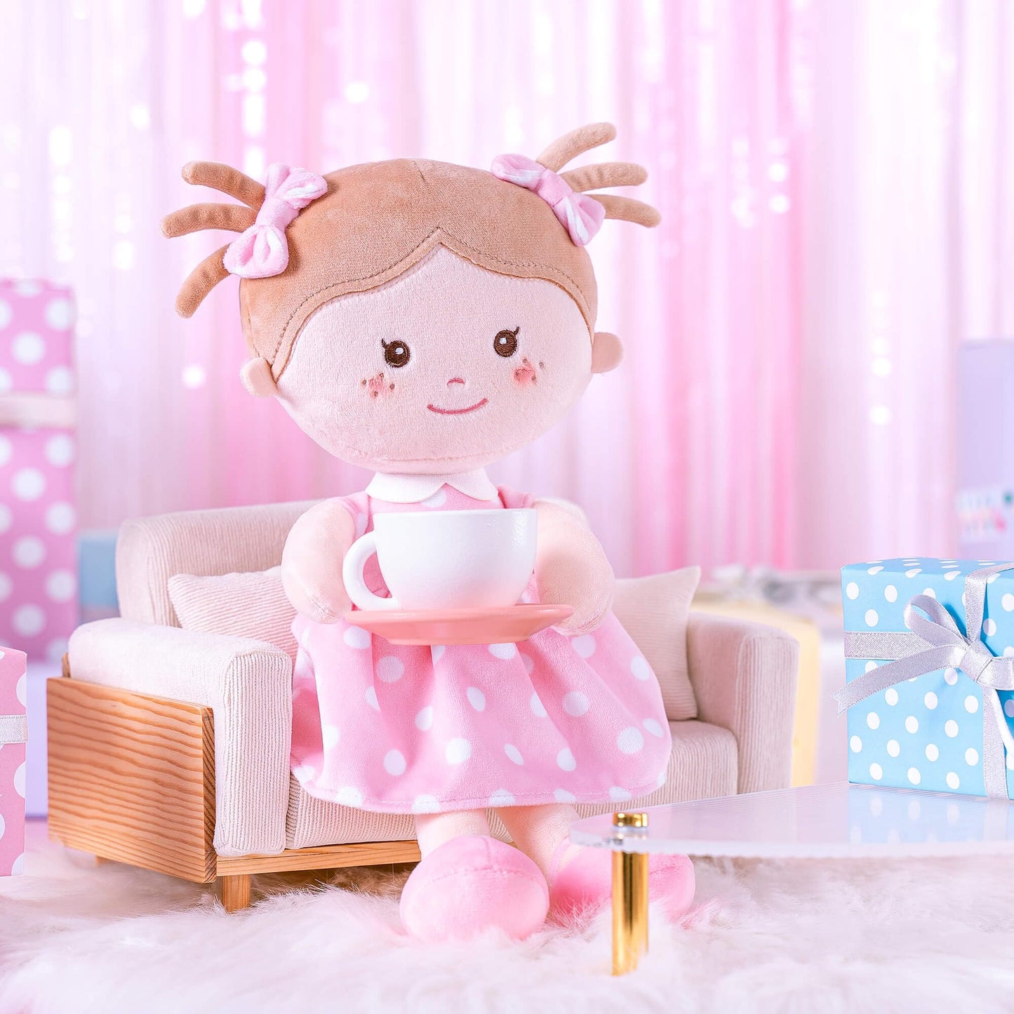 Onetoo Plush Rag Doll Sleeping Cuddle Buddy Doll Soft Baby Doll For Girls First Baby Doll Wear Pink Skirt Dress 14'(Milly Series)