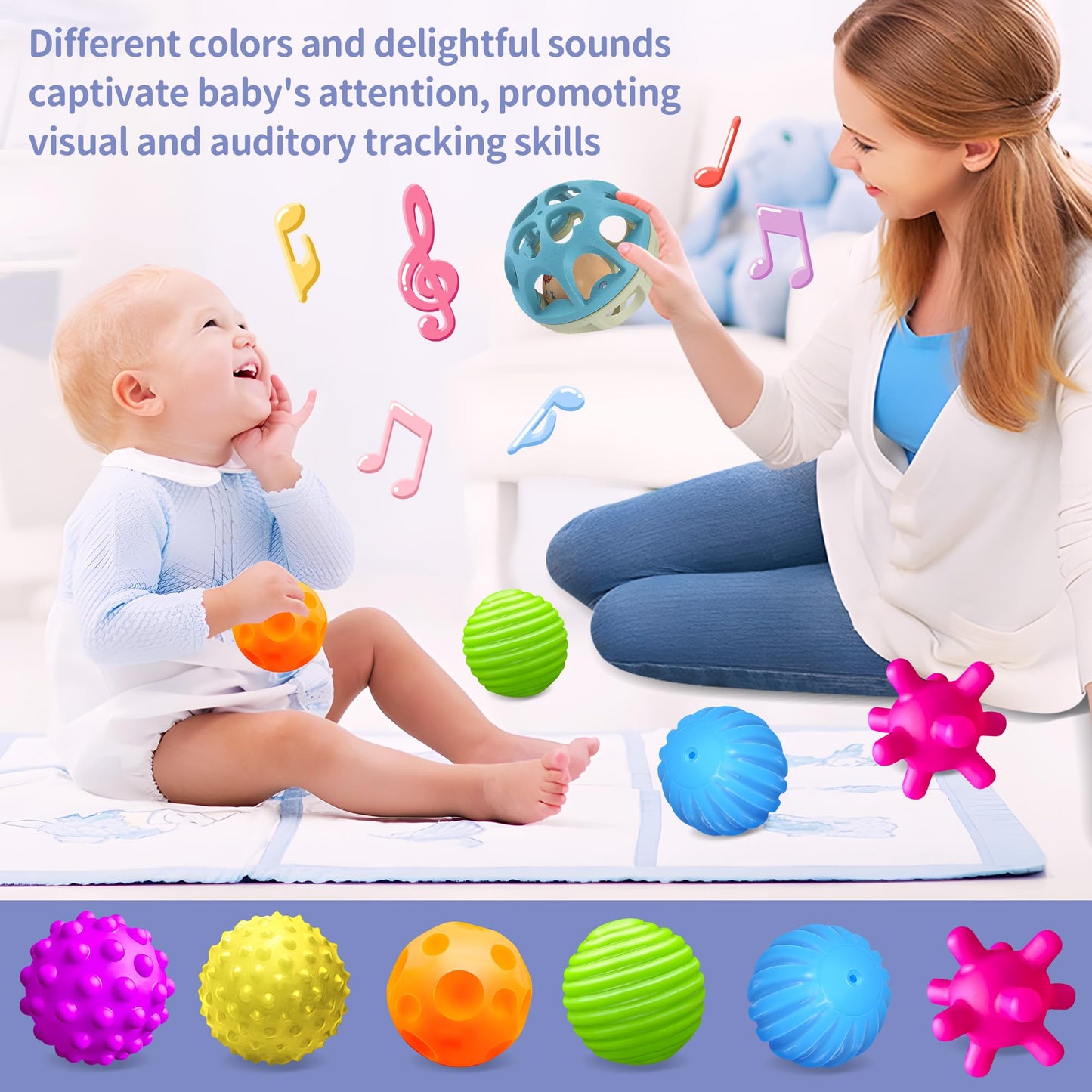 ROHSCE Sensory Toys for Babies, Montessori Textured Baby Balls and Wheat Straw Rattle, Baby Toys for 6-12 Months, Ideal Newborn