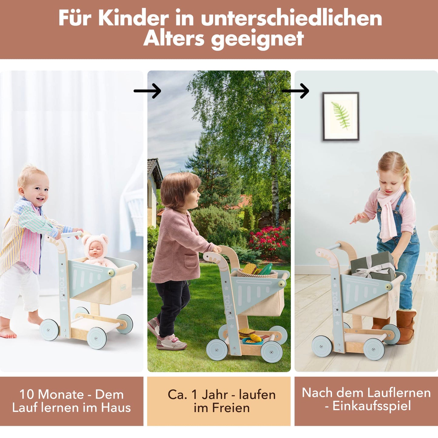 Robud Wooden Baby Walker For Girls Boys, Wooden Shopping Cart For Kids Toddlers, Learning Walker Toys For 10 Months 1 Year Old