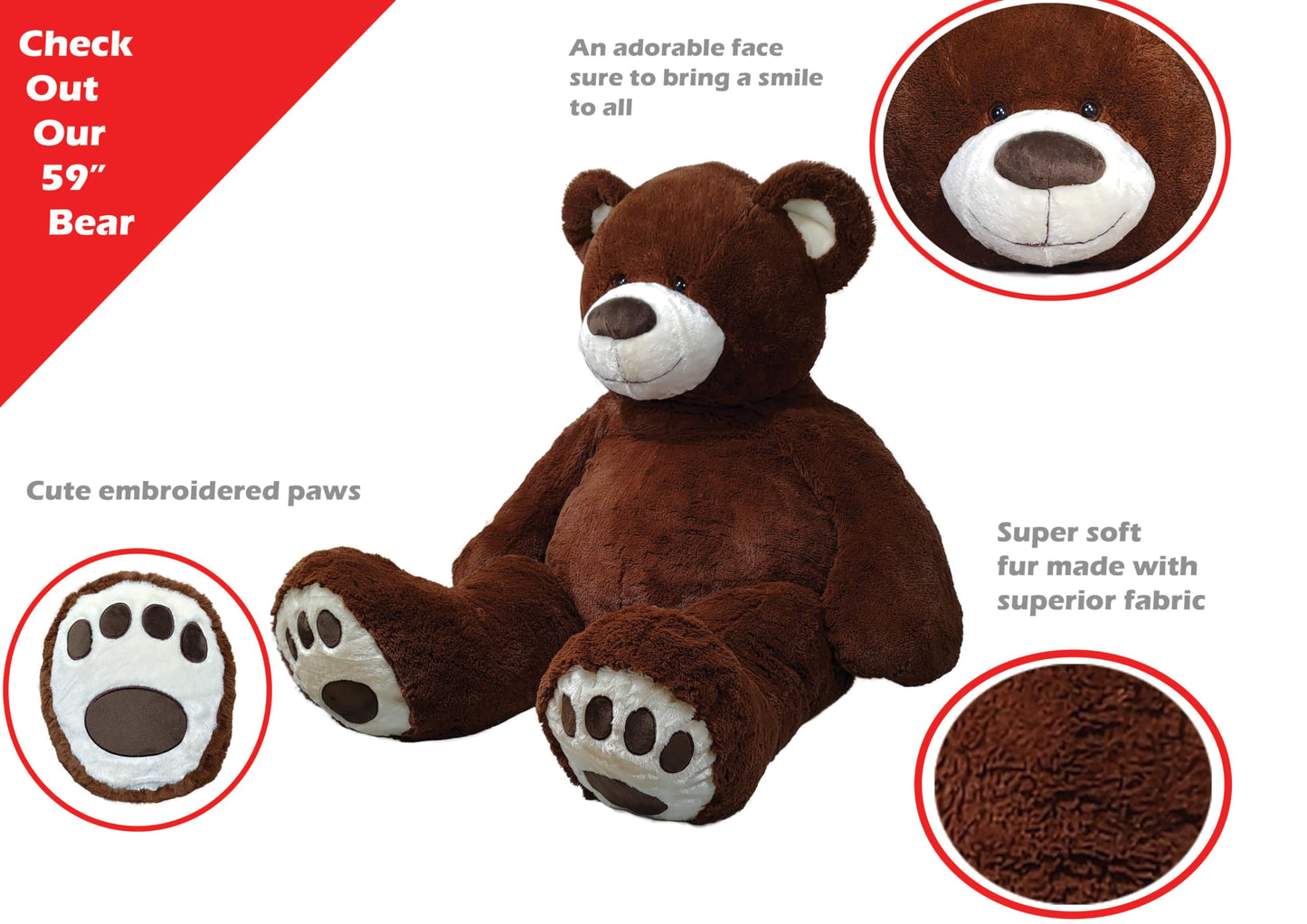 Anico Giant Plush Teddy Bear - 59" Chocolate Brown, Embroidered Paws, Model SUVELAM