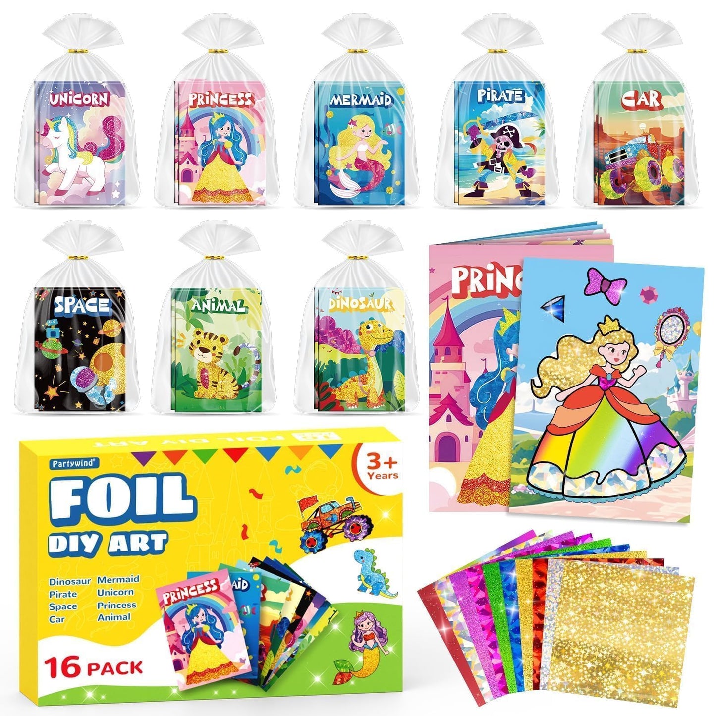 PARTYWIND Party Favors for Kids, 16 Pack Foil Art & Craft Books Bulk for Kids 4-8, Goodie Bag Stuffer & DIY Creative Activity To