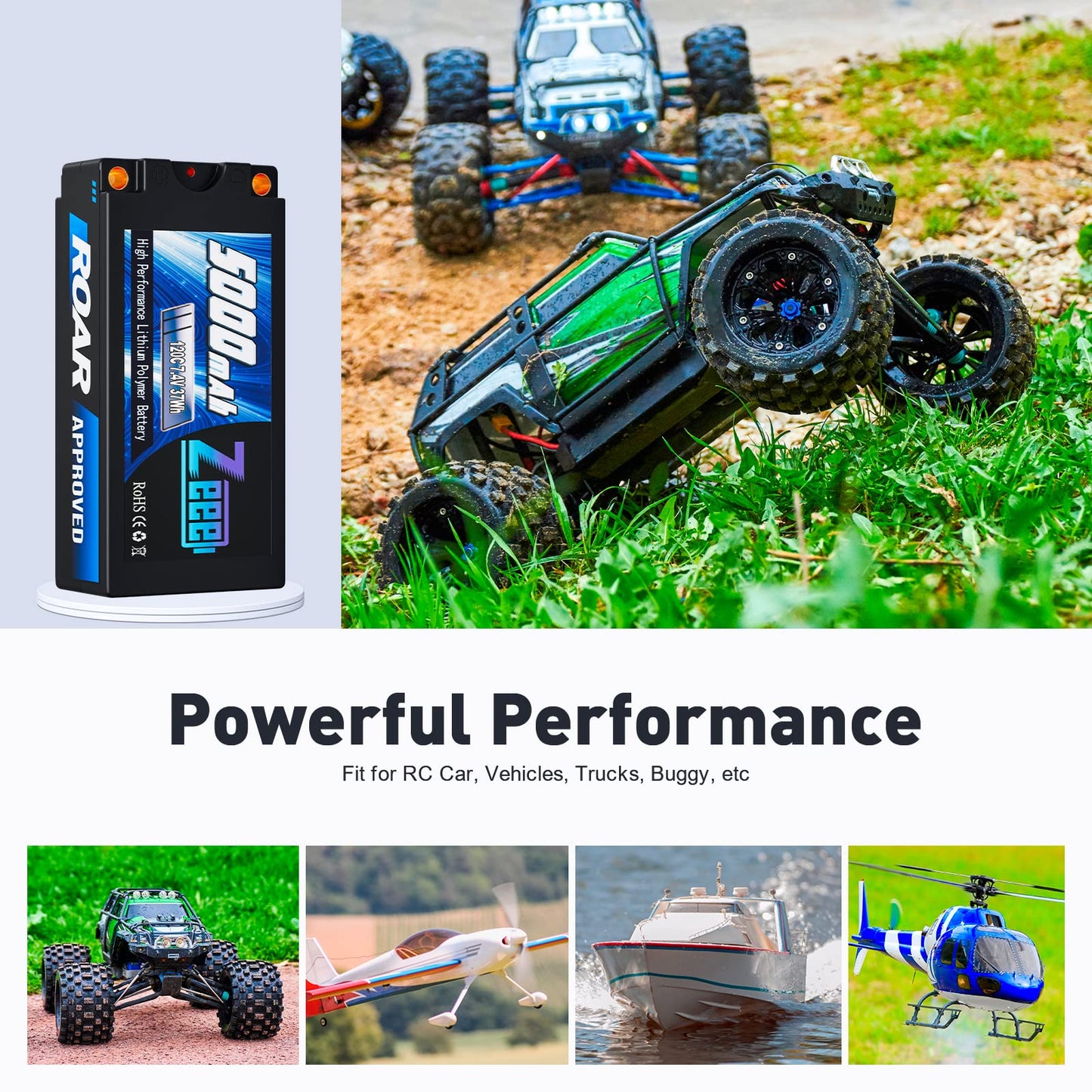 Zeee 2S Shorty Lipo Battery 5000mAh (Roar Approved) 7.4V 120C with 5mm Bullet to Deans Connector Hard Case Battery for 1/10 Scal