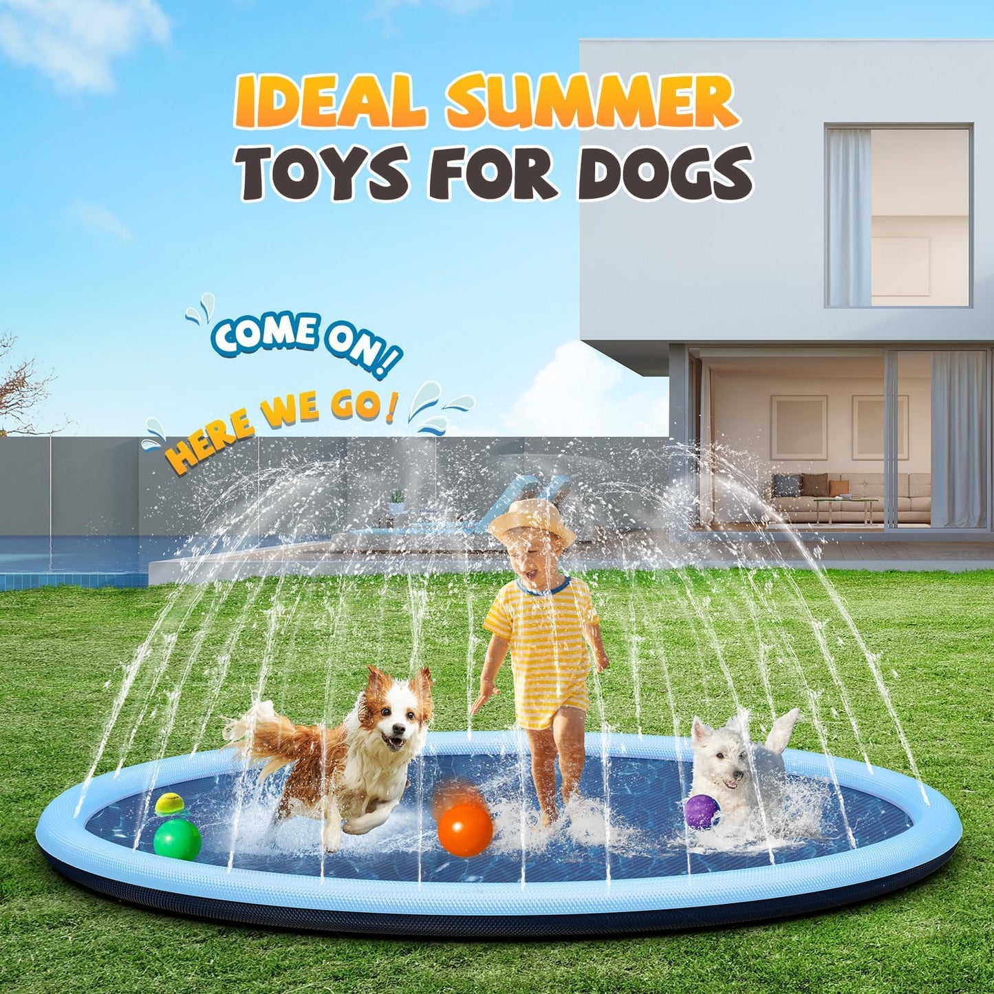 Splash Pad Sprinkler for Kids, 127'' Extra Large Non-Slip Baby Play Mat - 2 Colors, Dog Pool Toys, Toddler Outdoor Toys for Ages