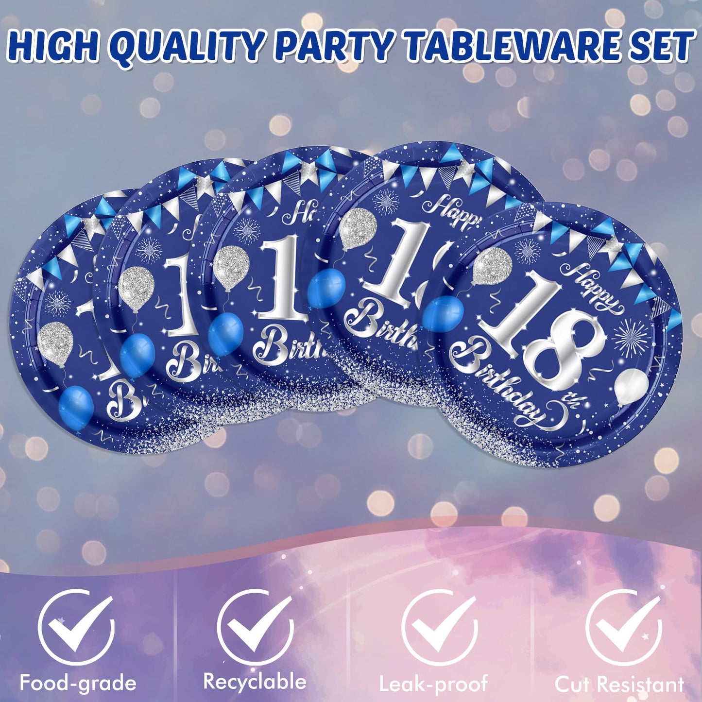 Blue 18Th Birthday Decorations For Boys Girls Navy Blue Silver Happy 18Th Birthday Napkins Tablecloth Plates For 18Th Birthday A