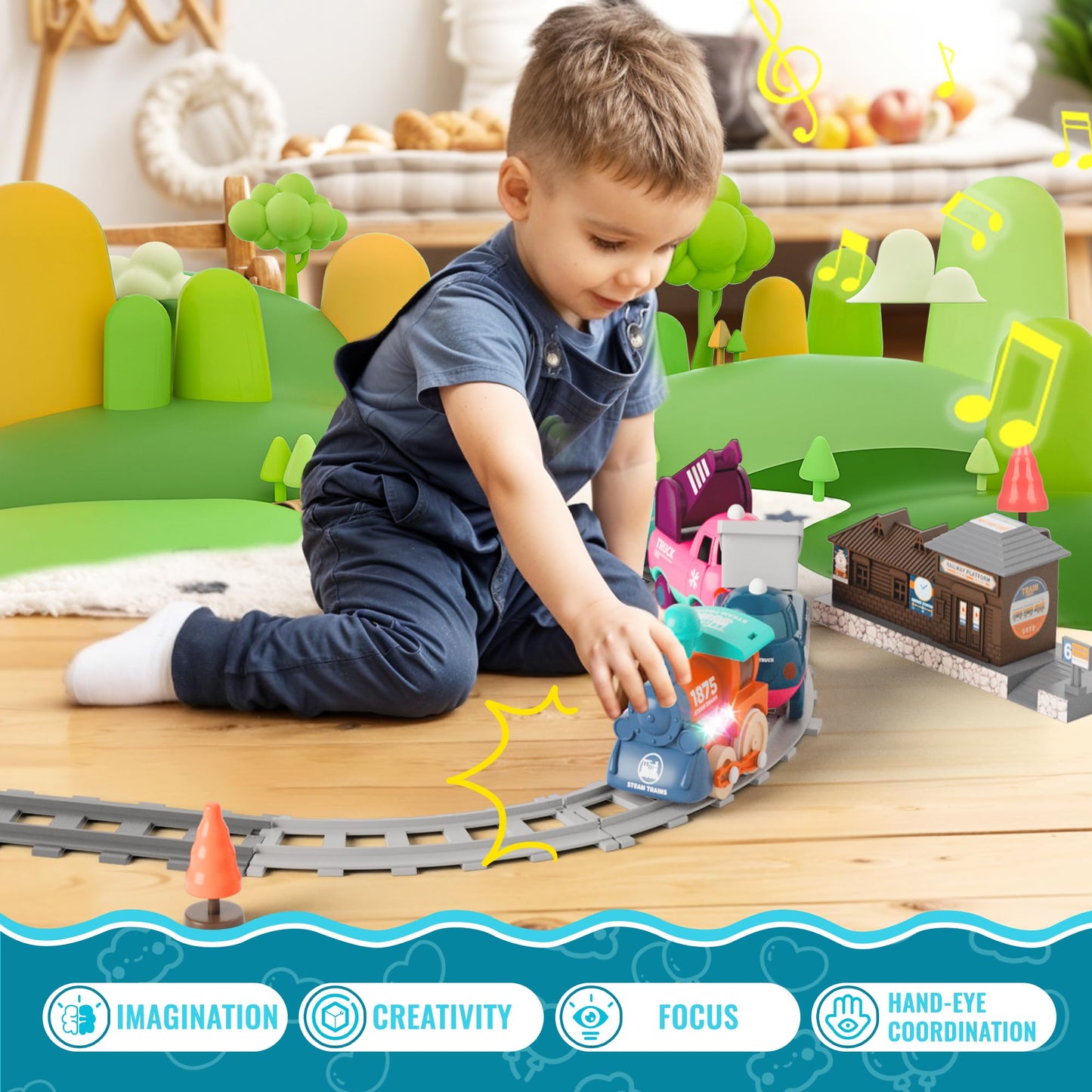 Morecoll Electric Train Set For Toddlers, Kids Train Set W/Music, Lights & Train Tracks - First Choo Choo Train For Toddlers, Ma