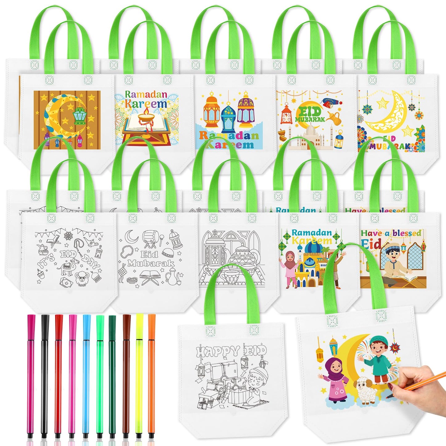Bulyoou 60 Pack Ramadan Coloring Goodie Bags for Kids Bulk with Coloring Pens Reusable Eid Mubarak Gift Bags Ramadan Crafts for