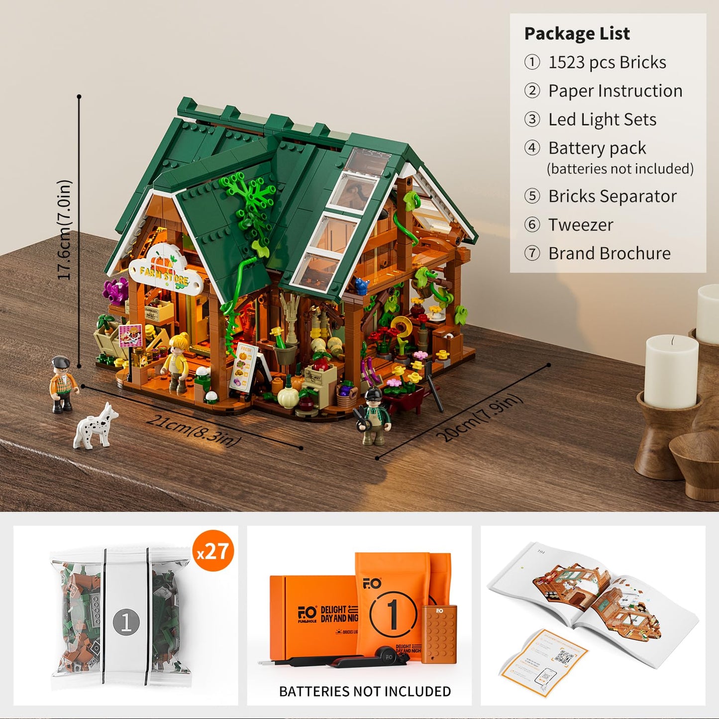 Funwhole Farm-Store Lighting Building-Bricks Set - Farm Shop Led Light Construction Building Model Set 1523 Pcs For Adults And Teen