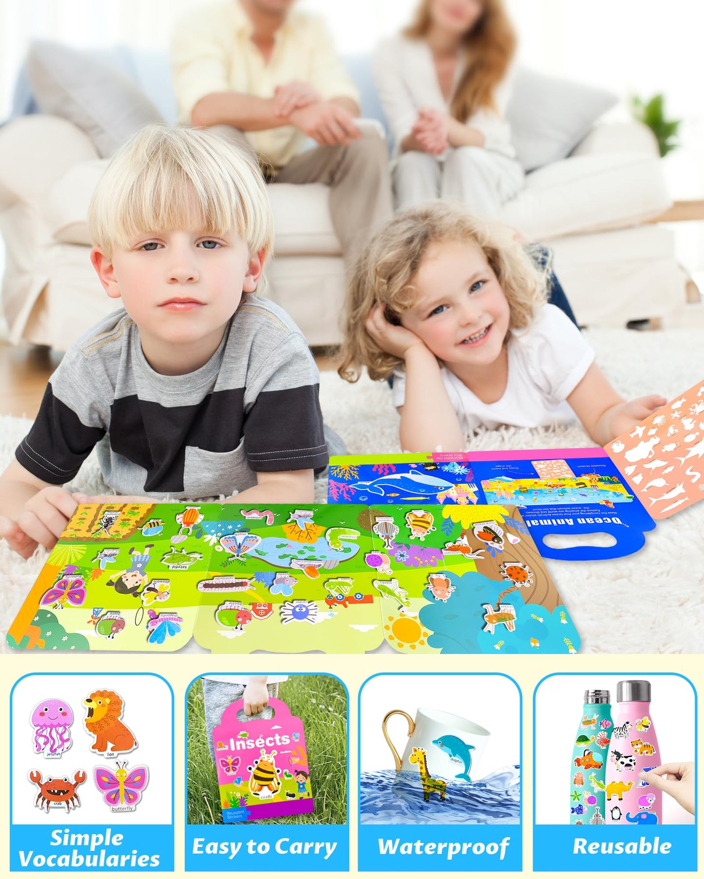Walenced Reusable Sticker Book for Toddlers, Multicolor, Ages 1-4, Plastic Craft Activities, Travel Toys, Model FR-888