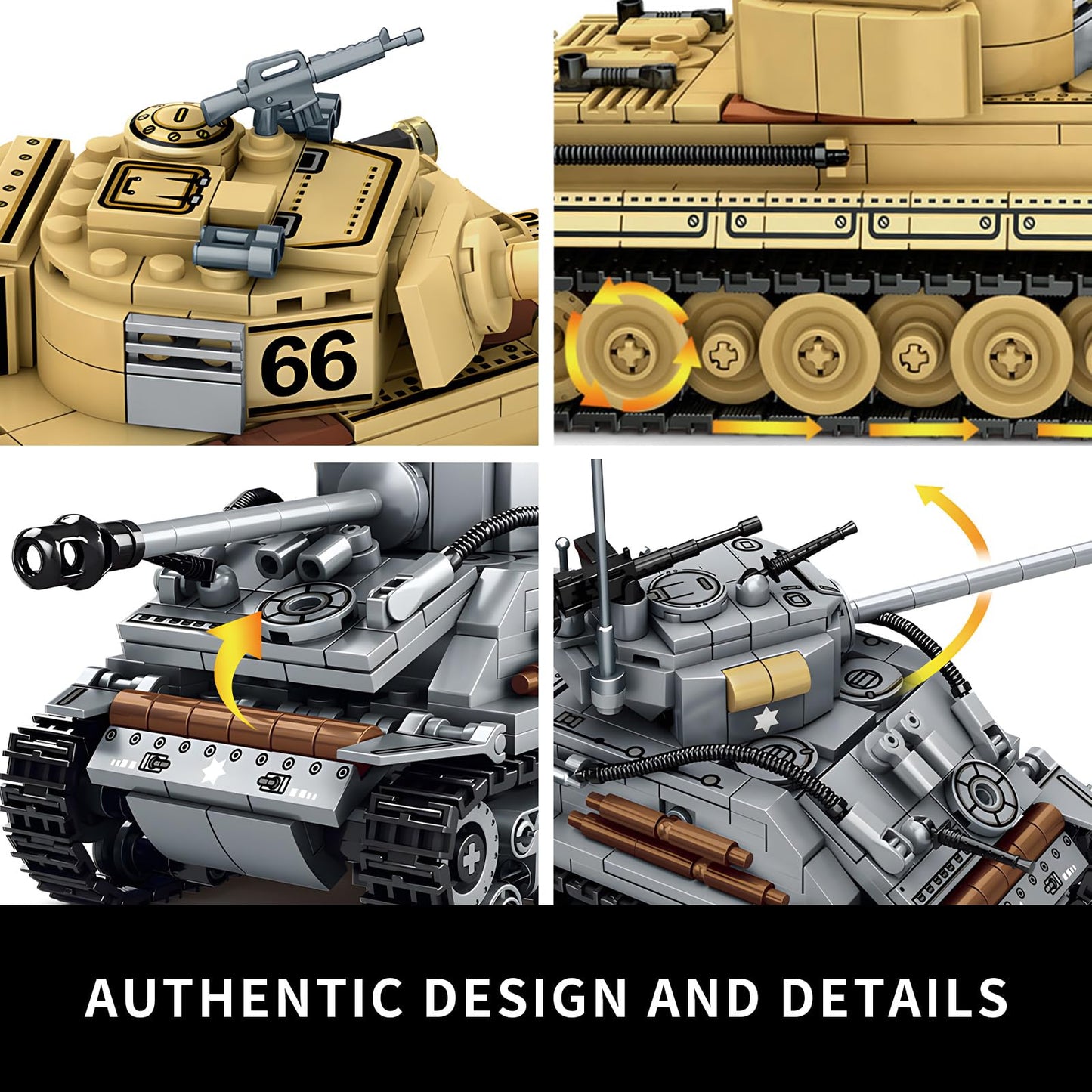WW2 2 in 1 Army Tank Building Blocks Kit Create an American M4 Sherman & a German Tiger Tank Military Toy Sets Birthday for Age
