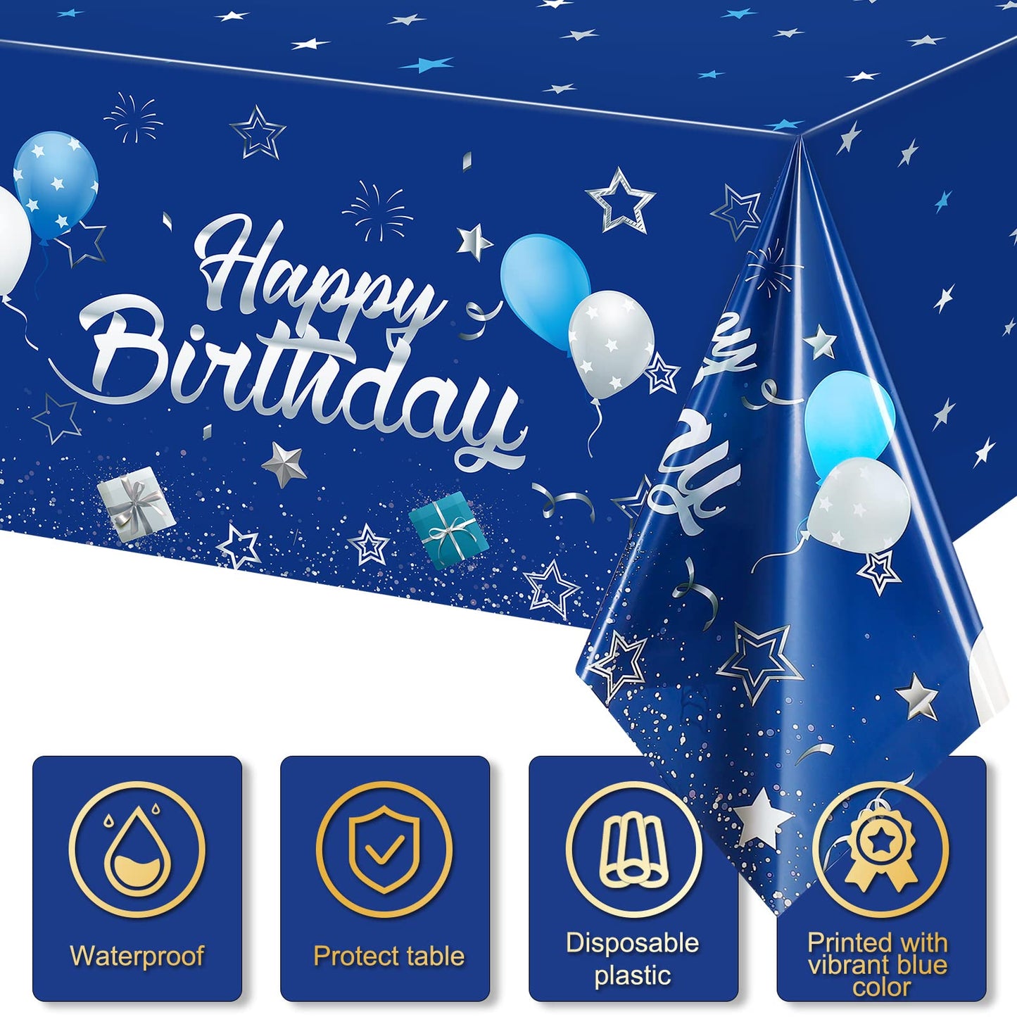 Tegeme Navy Blue Party Supplies Blue Stars Happy Birthday Tablecloths Blue Starry Confetti Table Covers For Kids Boys Girls Baby