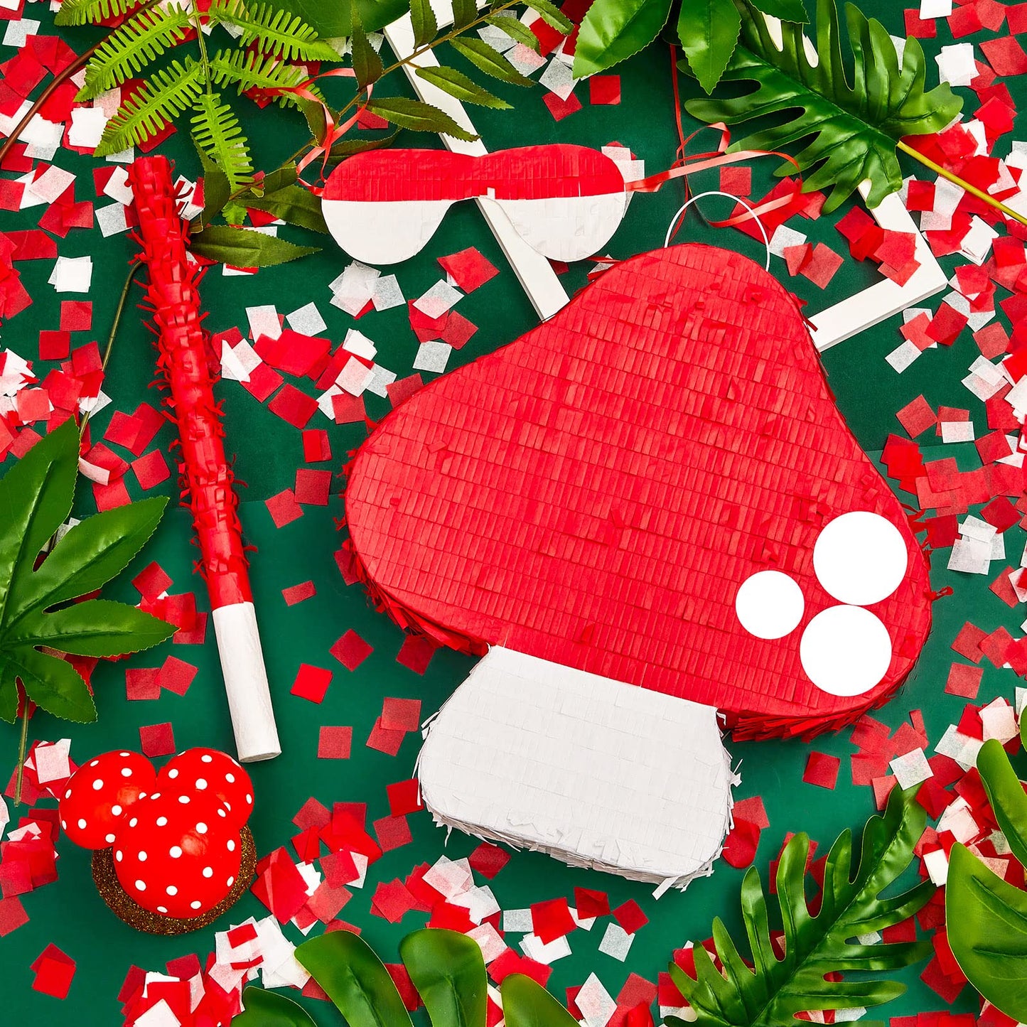 Lewtemi Mushroom Piñata 3D Mushroom Shaped Piñata Mushroom Party Favor With Blindfold Bat Confetti For Forest Jungle Fairy Theme Woodland Birthday Party Baby Shower Garden Decor, 14.9 X 14.1 X 2.95'