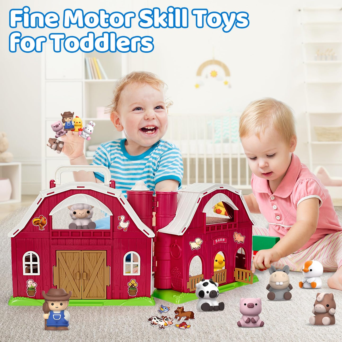 Aigybobo Farm Animals Big Barn Playset - Montessori Learning Toy for Toddlers, Plastic, Red, Ages 1-3, Includes Animal Figures & Stickers