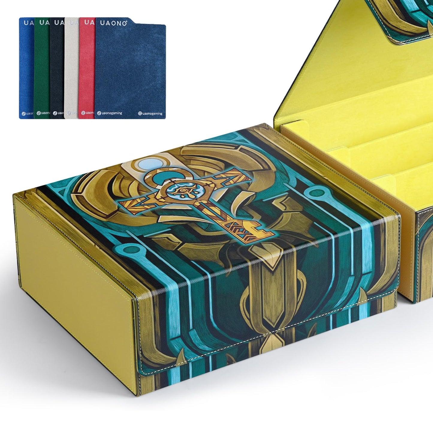 Uaono Card Storage Box For Mtg, Trading Card Deck Box Holds 1800+ With 6 Dividers, Leather Printing Magnetic Closure Card Storage Case Fits Tcg Ccg Sports Cards (Light Yellow, Key)