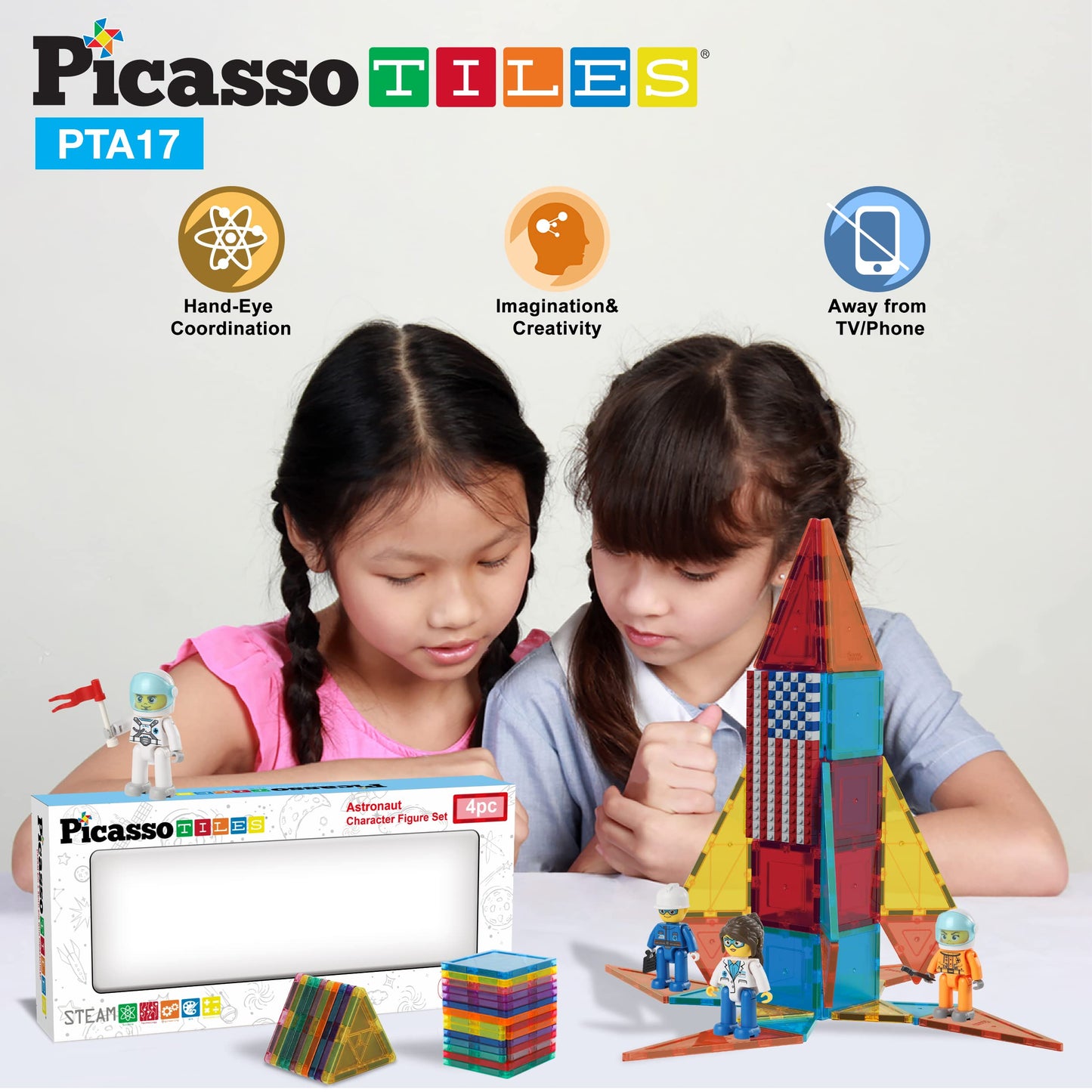 Picasso Toys Magnetic Character Action Figures 4 Piece Astronaut For Building Block Tile Toddler Toy Set Magnet Expansion Pack A