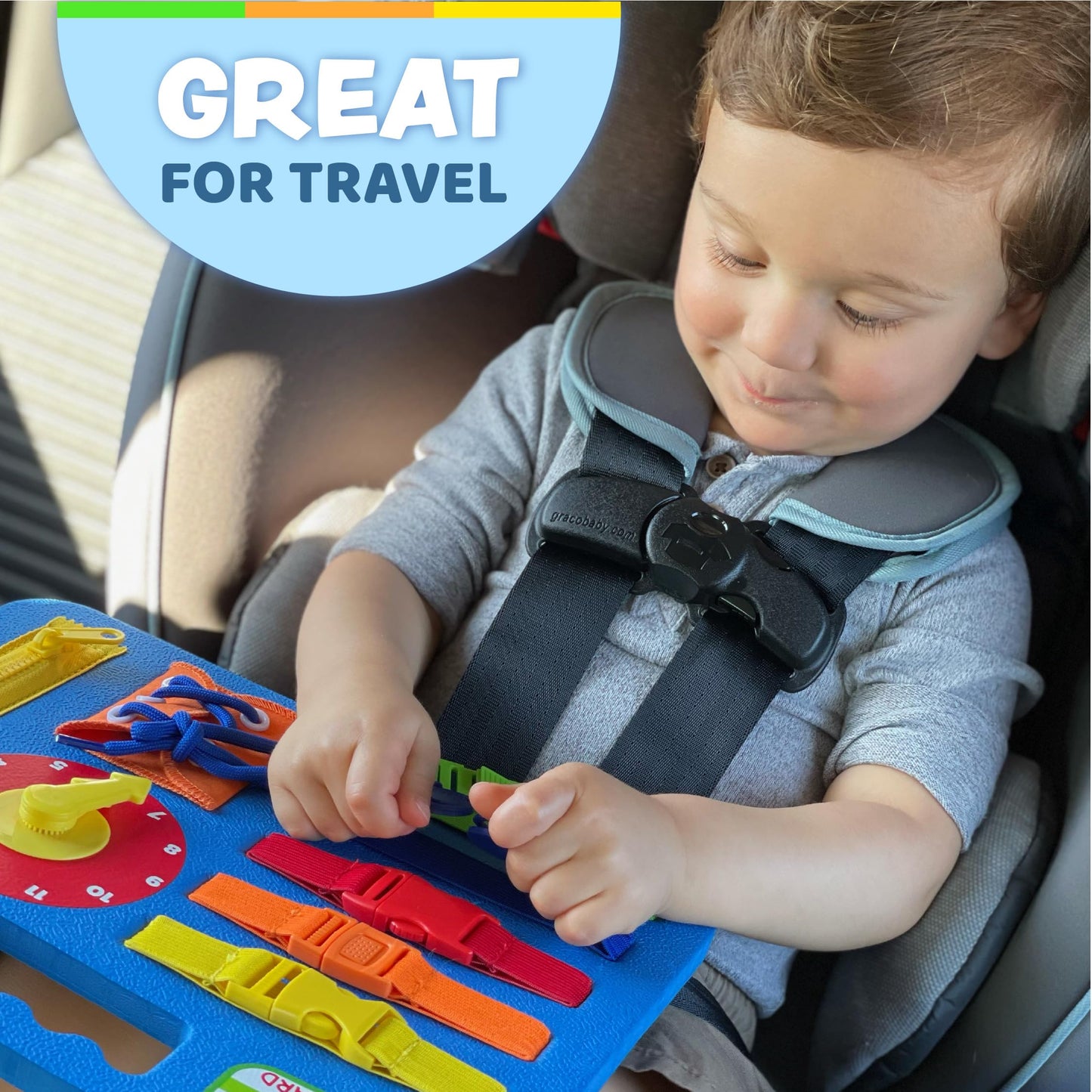 Buckle Toys Busy Board - Montessori Learning Toy For Toddlers Kids Road Trip Activities - Foam Sensory Board - Develop Fine Motor Skills - Blue