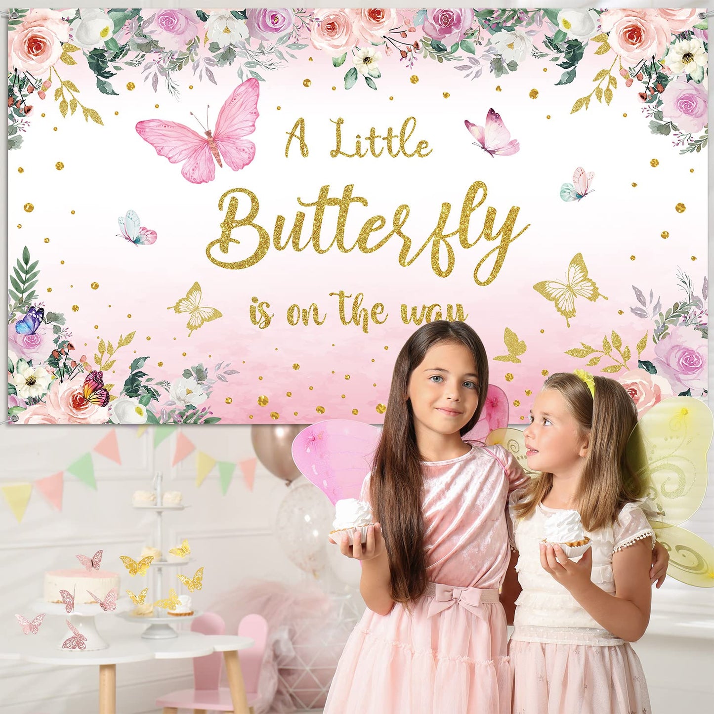 Butterfly Baby Shower Decorations Set A Little Butterfly Is On The Way Photography Backdrop Pink Purple Balloon Garland Arch Kit