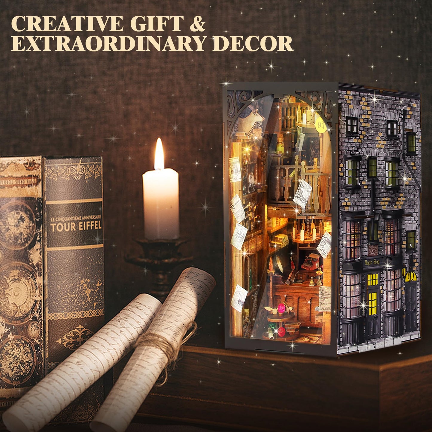 Diy Book Nook Kit, 3D Wooden Puzzle Miniature Booknook Bookend Bookshelf Decor With Led Light, Dust Cover, Book Nook Kits For Ad