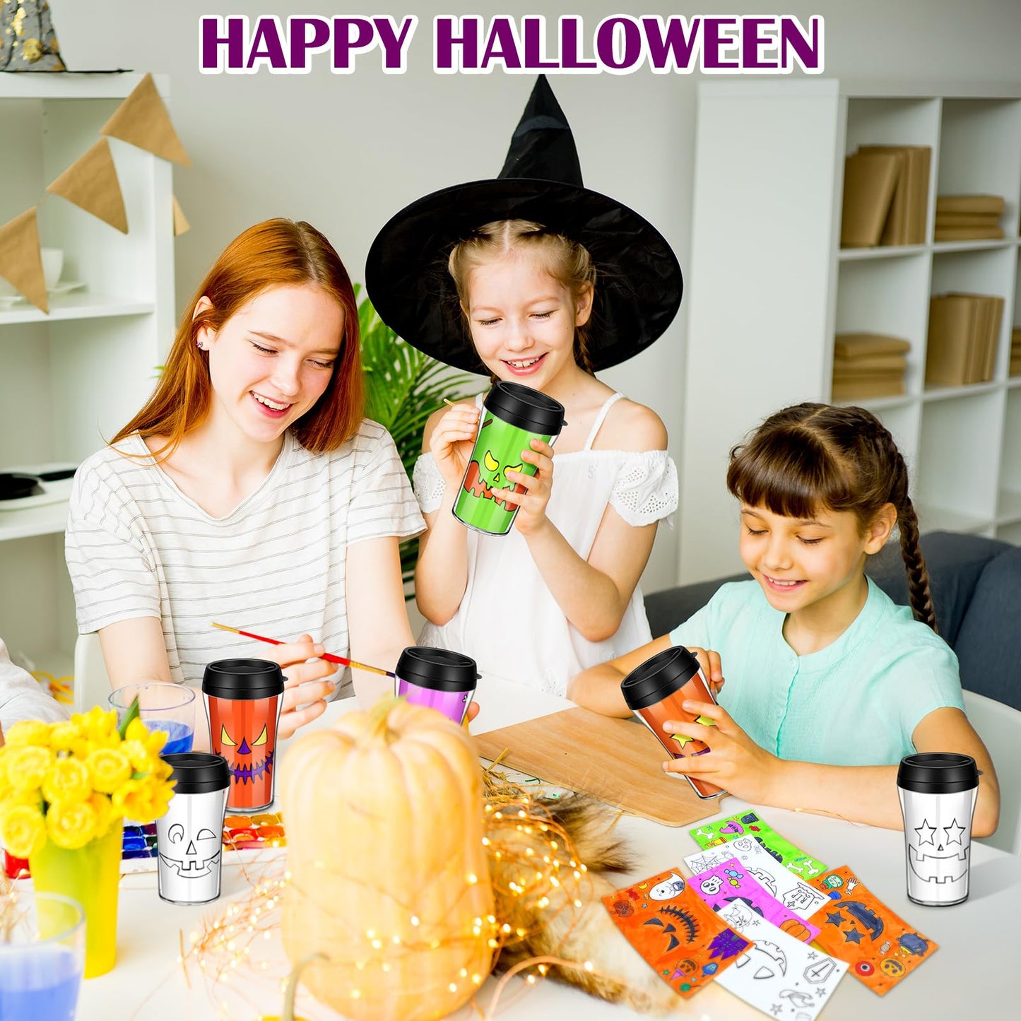 Yiyiring 12 Set Color Your Own Jack O Lantern Panting Cups - 10 oz Plastic Mug Crafts for Halloween Party Gifts & Home Project A