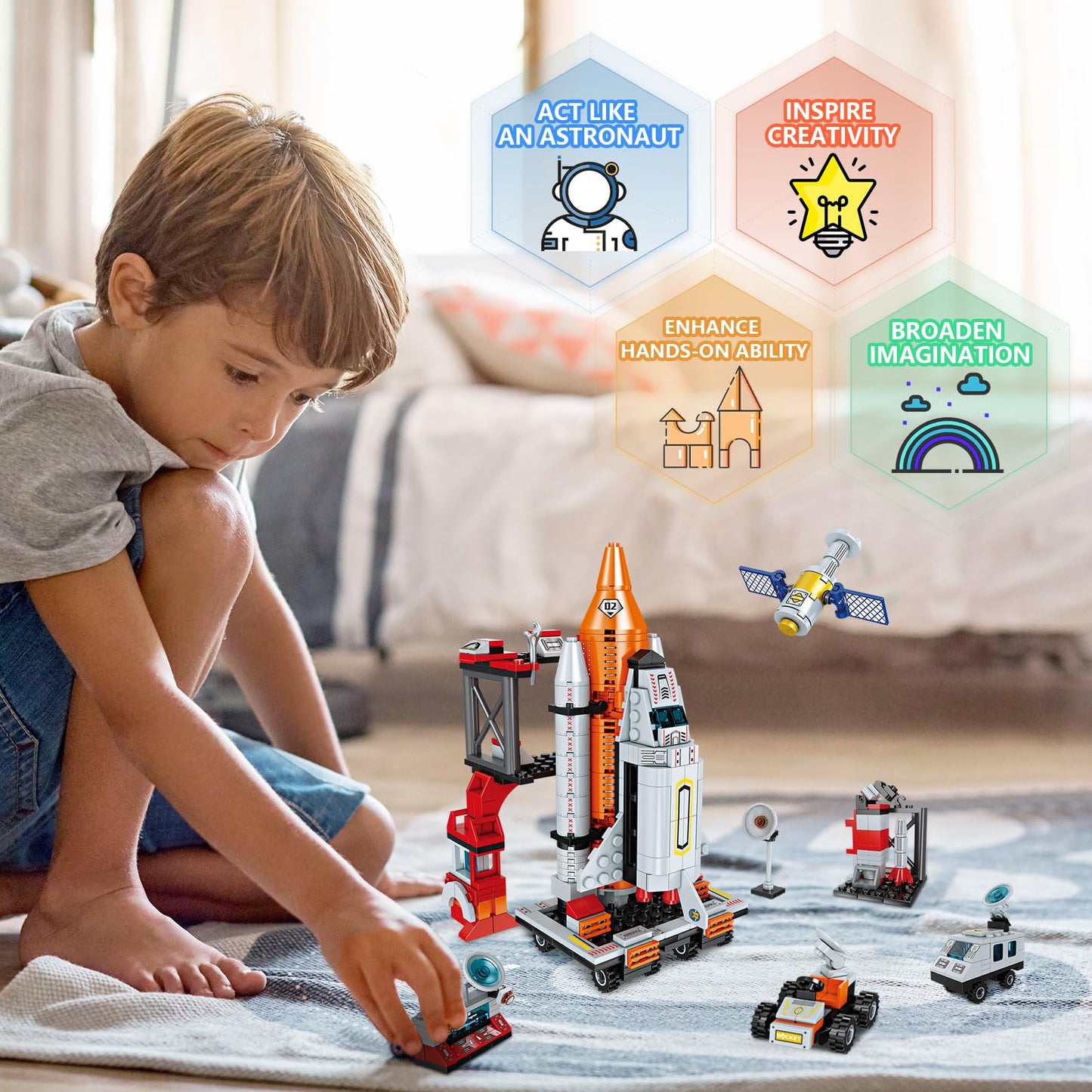 WEMEMORN Space Exploration Shuttle Rocket Toy - 12-in-1 STEM Building Blocks Kit, 566 Pieces, Multicolor, for Ages 6-12