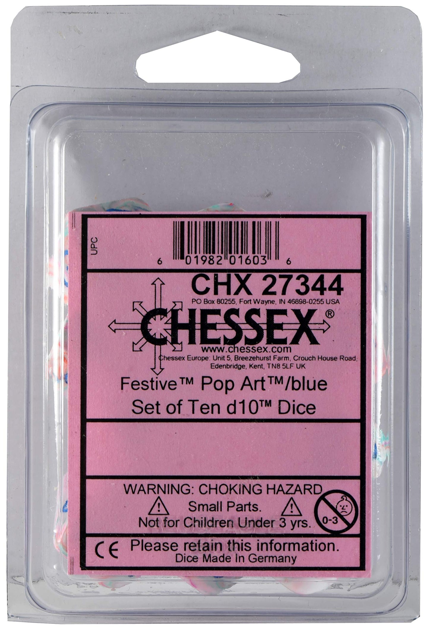 Chessex Manufacturing Chx27344 D10 Clamshell Festive Pop-Art & Blue Dice - 10 Piece