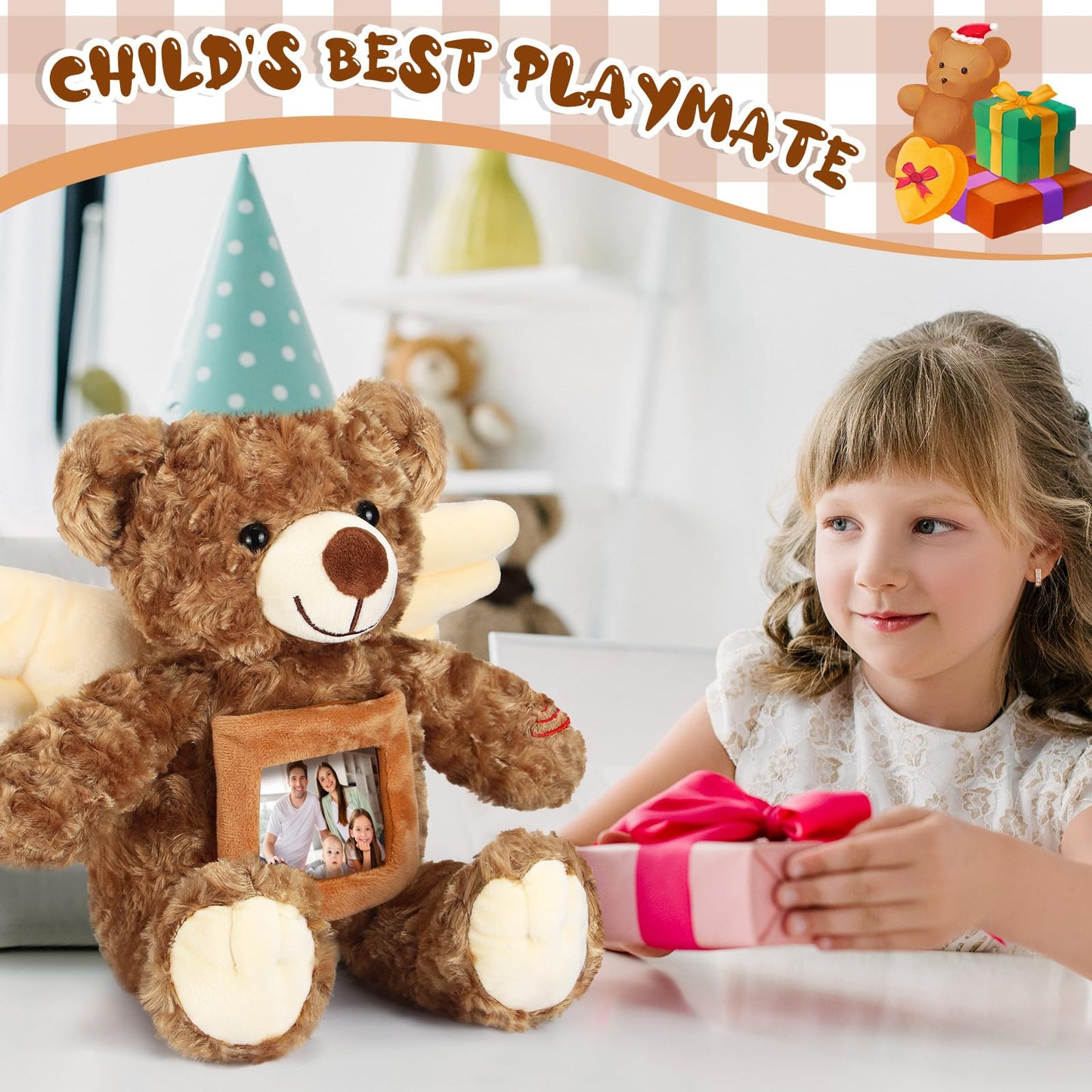 Leyndo Angel Remembrance Bear Plush Stuffed Animal, 12 Inch, Dark Brown, Voice Recorder, Picture Frame Memorial Toy for Gifts