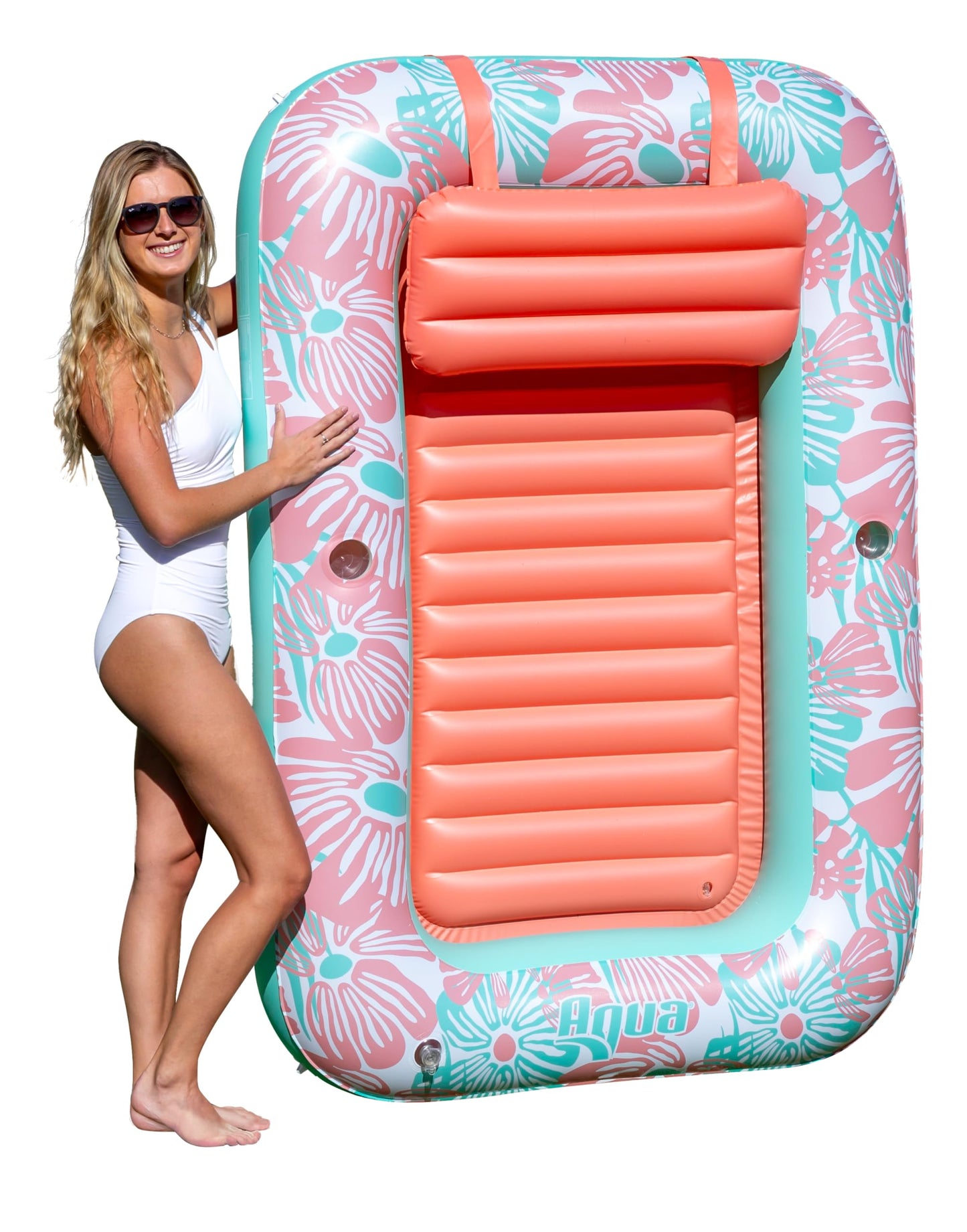 Aqua Inflatable Tanning Pool Lounger - Large (71 x 48 in) - Premium Pool Float with Cupholders and Removeable Pillow for Relaxat