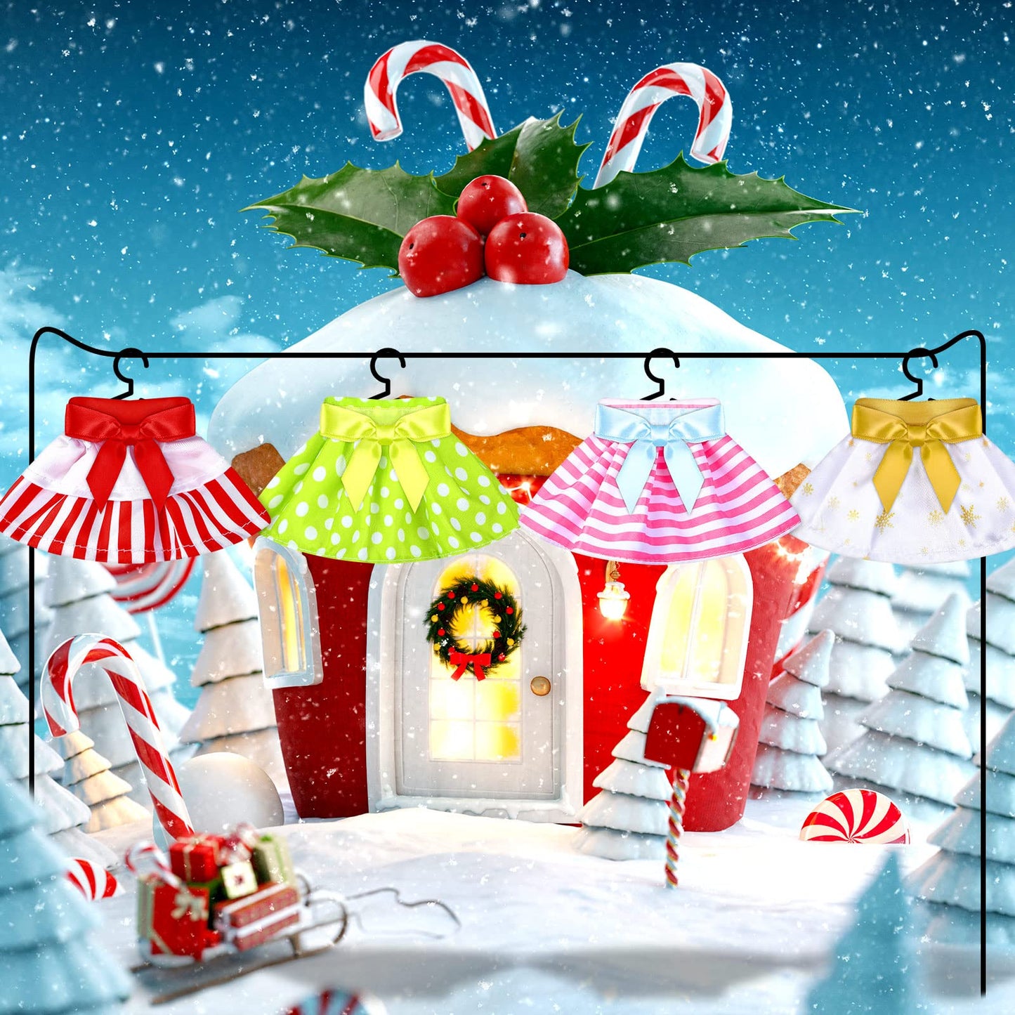 6 Pieces Santa Clothing Elf Dance Skirt Set Christmas Elf Skirts For Christmas Doll Holiday Decorations (Not Include Doll)(Fresh Style)