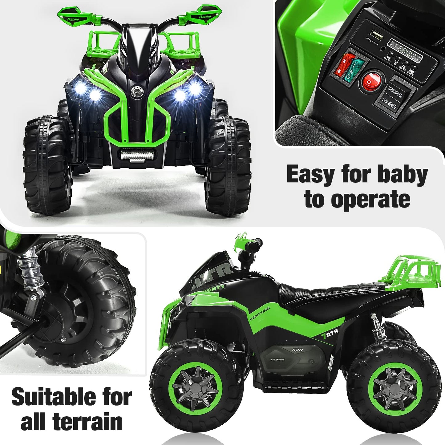 Soar Four Wheeler For Kids - Electirc Toddler 4 Wheeler For Kids 3-6, Ride On Atv 12V Battery Powered, Kids Quad With Led Lights, Music, High Low Speed, Usb/Tf, Treaded Tires, Green