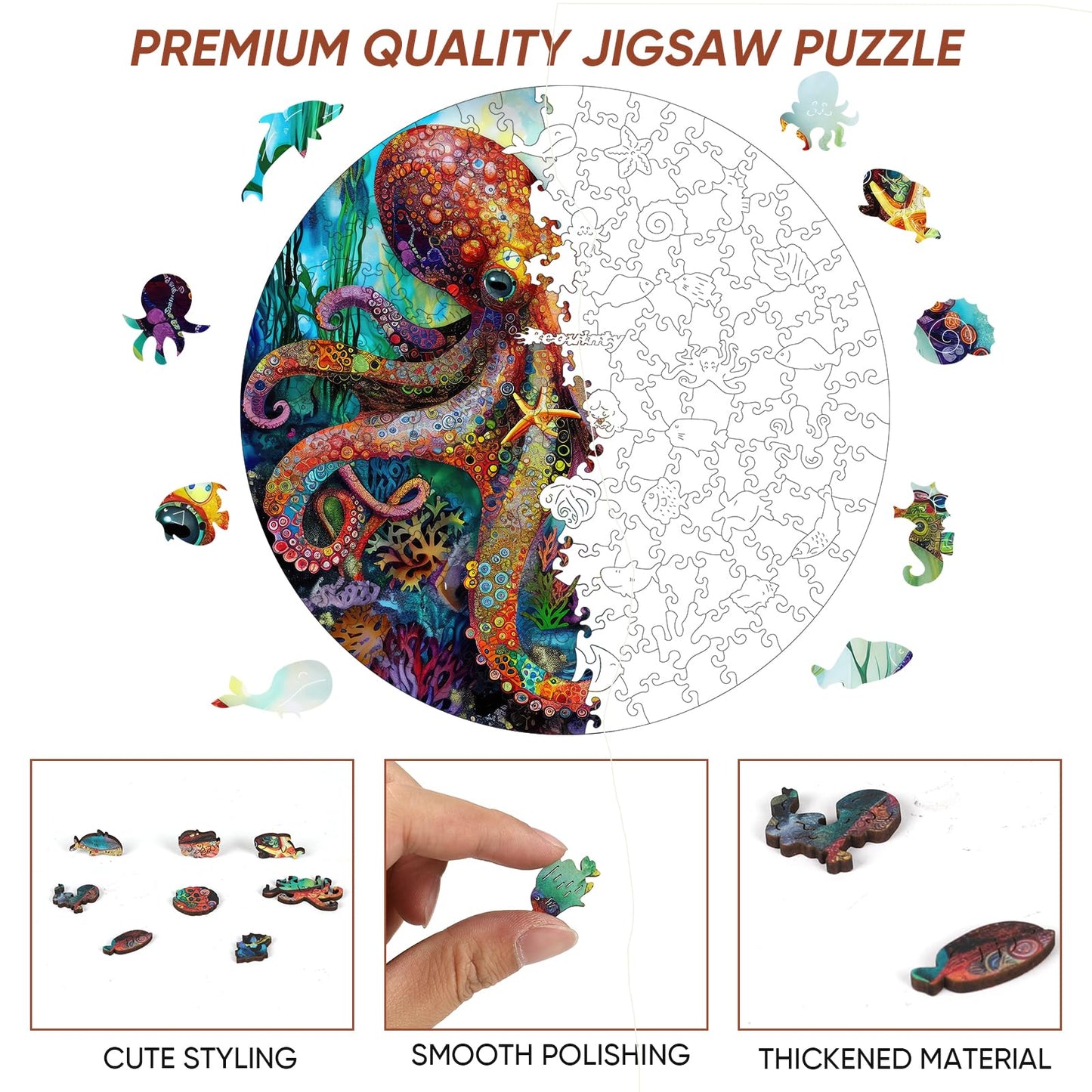 Wooden Puzzle for mature-themeds 500pcs Octopus Wooden Jigsaw Puzzles Unique Shape Animal mature-themed Puzzles Irregular Wood Puzzles Best Gift for mature-themeds and Kids Family Game(15.6 * 15.6 in)