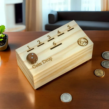 T one woods Coin Drop Game for Kids & Adults - Wooden Box & Dice, Light Pine Design-1