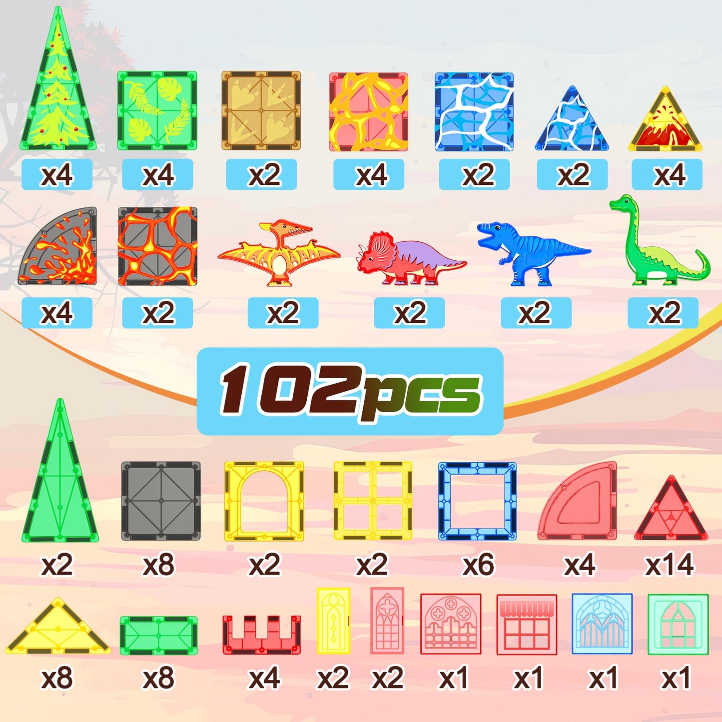102Pcs Dinosaur Toys Magnetic Tiles With 8 Dinosaurs - Jurassic Scenes Dinosaur World Adventure Set, Magnetic Blocks Kids Toys For Boys & Girls Ages 3+, Sensory Toddler Toys Creative Kids Games Gifts